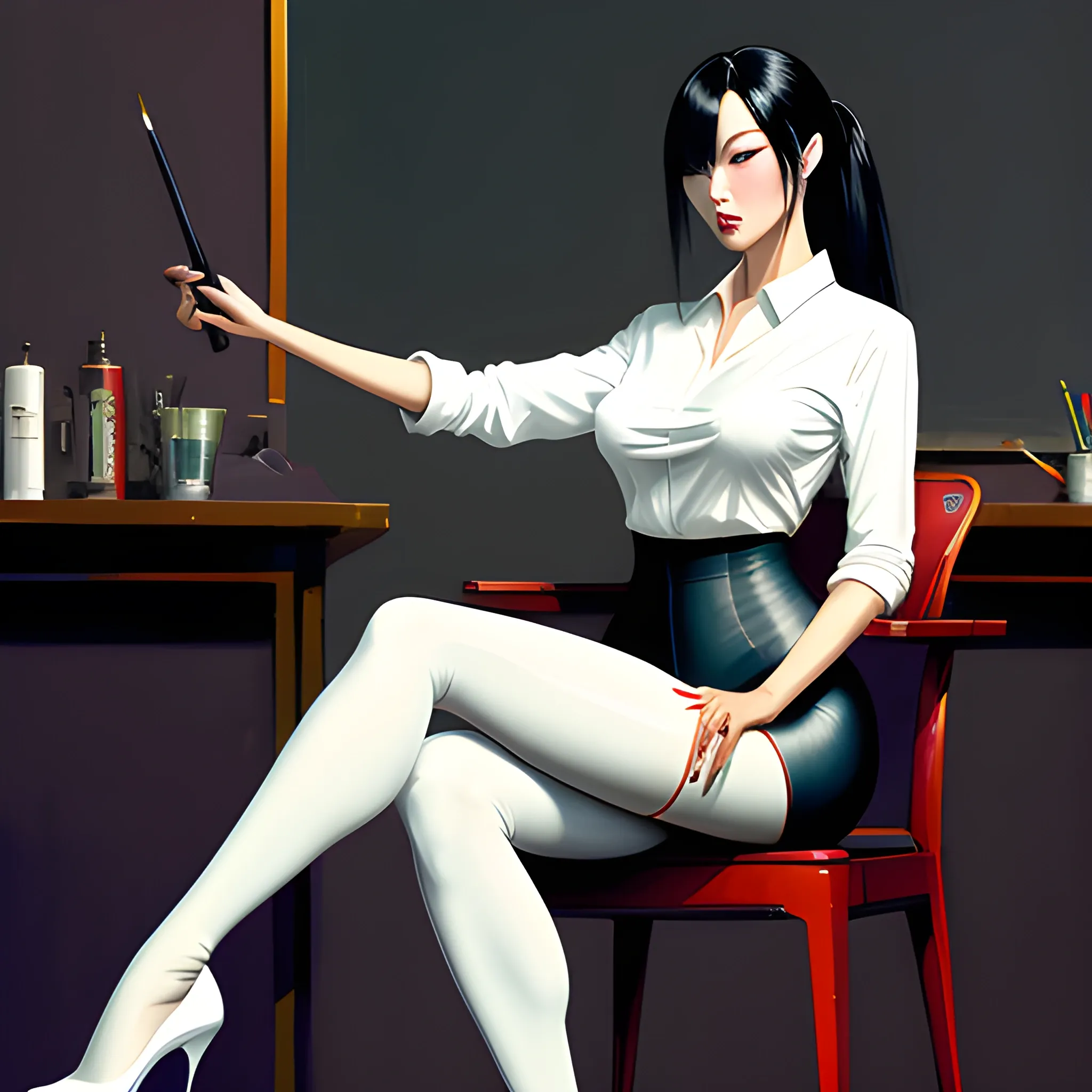 dark painting, intensive colors,  casual fashion shot of   korean cheap damsel in distress, wearing tights , cameltoe, longhaired, symmetric face, manga eyes,  full figure, fit,  tight white shirt, legs, knees, high heels, sitting on the chair in the class, school, revenge, sinister art by Greg Rutkowski, Oil Painting