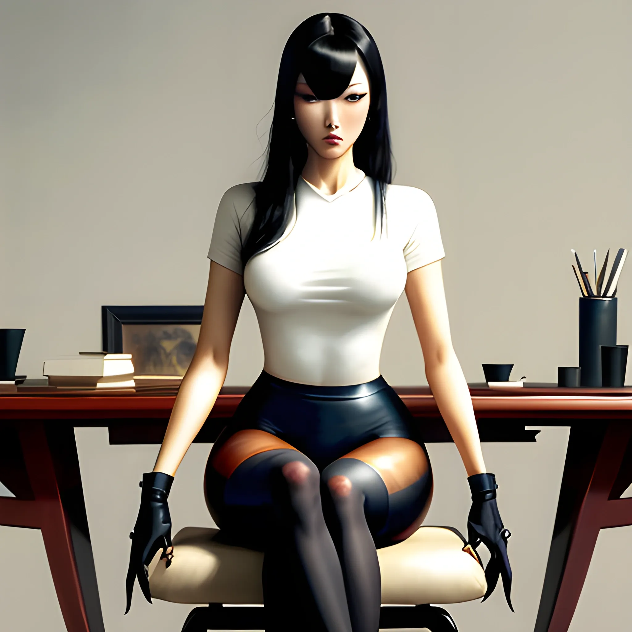 dark painting, intensive colors,  casual fashion shot of   korean cheap damsel in distress, wearing tights , cameltoe, longhaired, symmetric face, manga eyes,  full figure, fit,  tight white shirt, legs, knees, high heels, sitting on the chair in the class, school, revenge, sinister art by Greg Rutkowski, Oil Painting