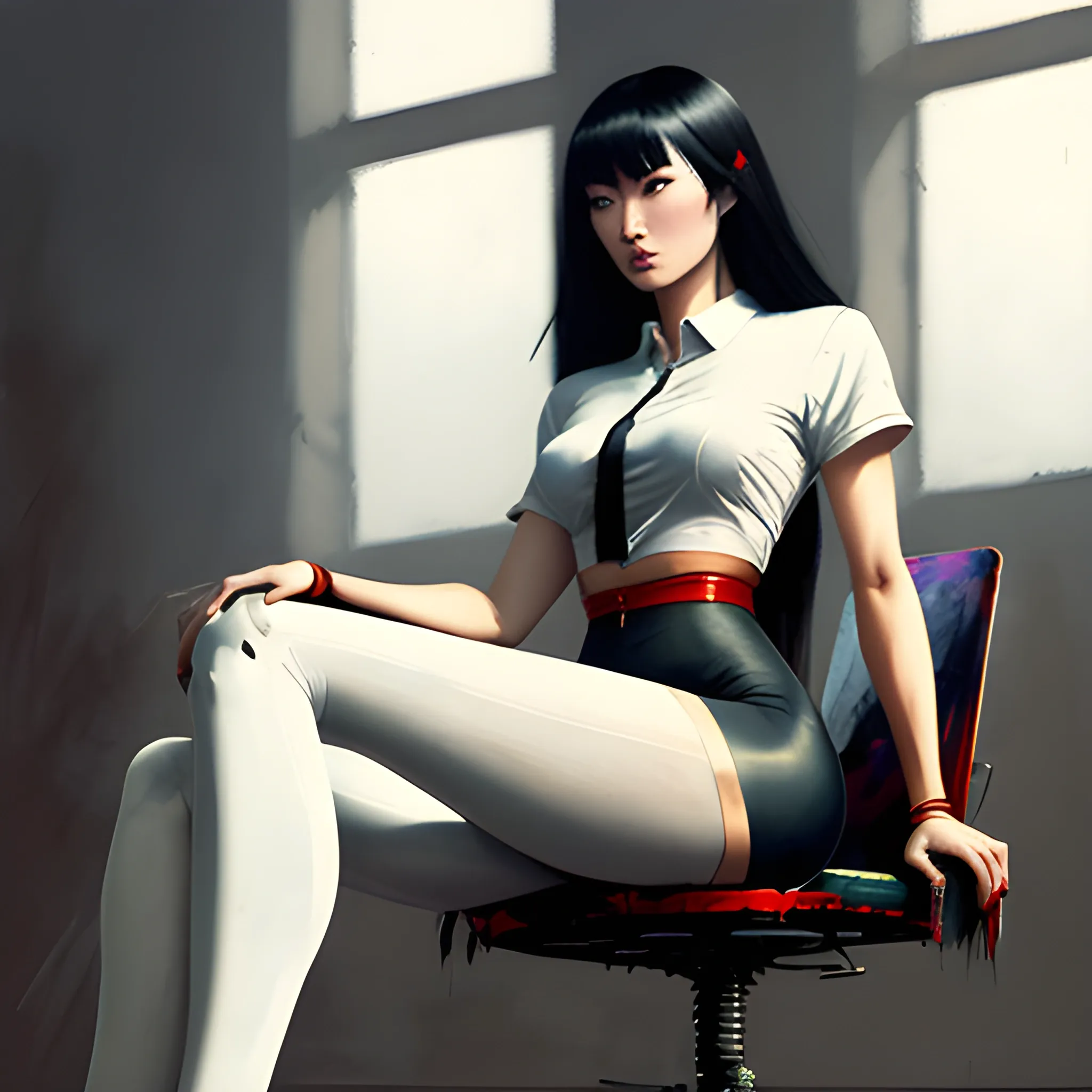 dark painting, intensive colors,  casual fashion shot of   korean cheap damsel in distress, wearing tights , cameltoe, longhaired, symmetric face, manga eyes,  full figure, fit,  tight white shirt, legs, knees, high heels, sitting on the chair in the demolished class, school, revenge, sinister art by Greg Rutkowski, Oil Painting