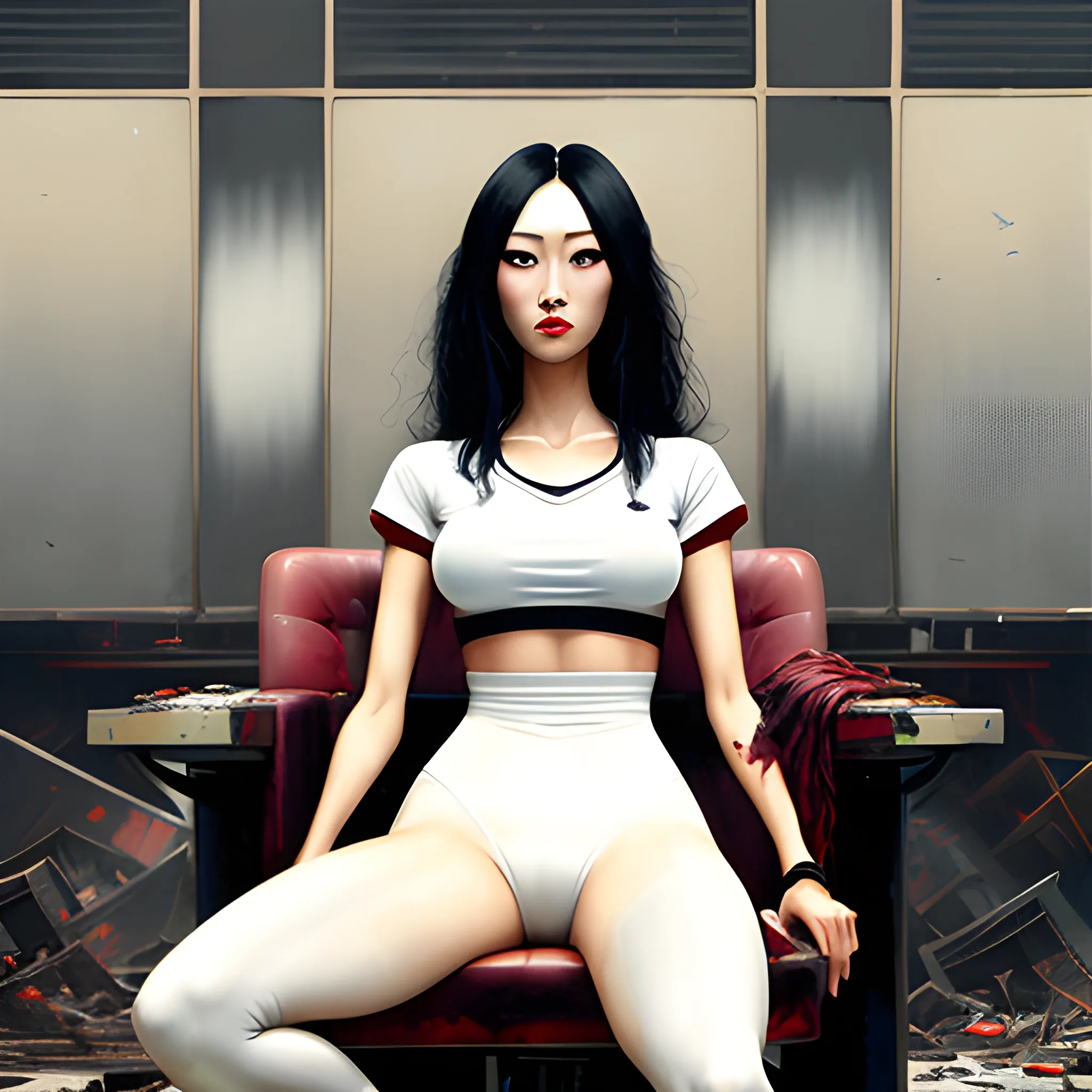 dark painting, intensive colors,  casual fashion shot of   korean cheap damsel in distress, wearing tights , cameltoe, longhaired, symmetric face, manga eyes,  full figure, fit,  tight white shirt, legs, knees, high heels, sitting on the chair in the demolished class, school, revenge, sinister art by Greg Rutkowski, Oil Painting