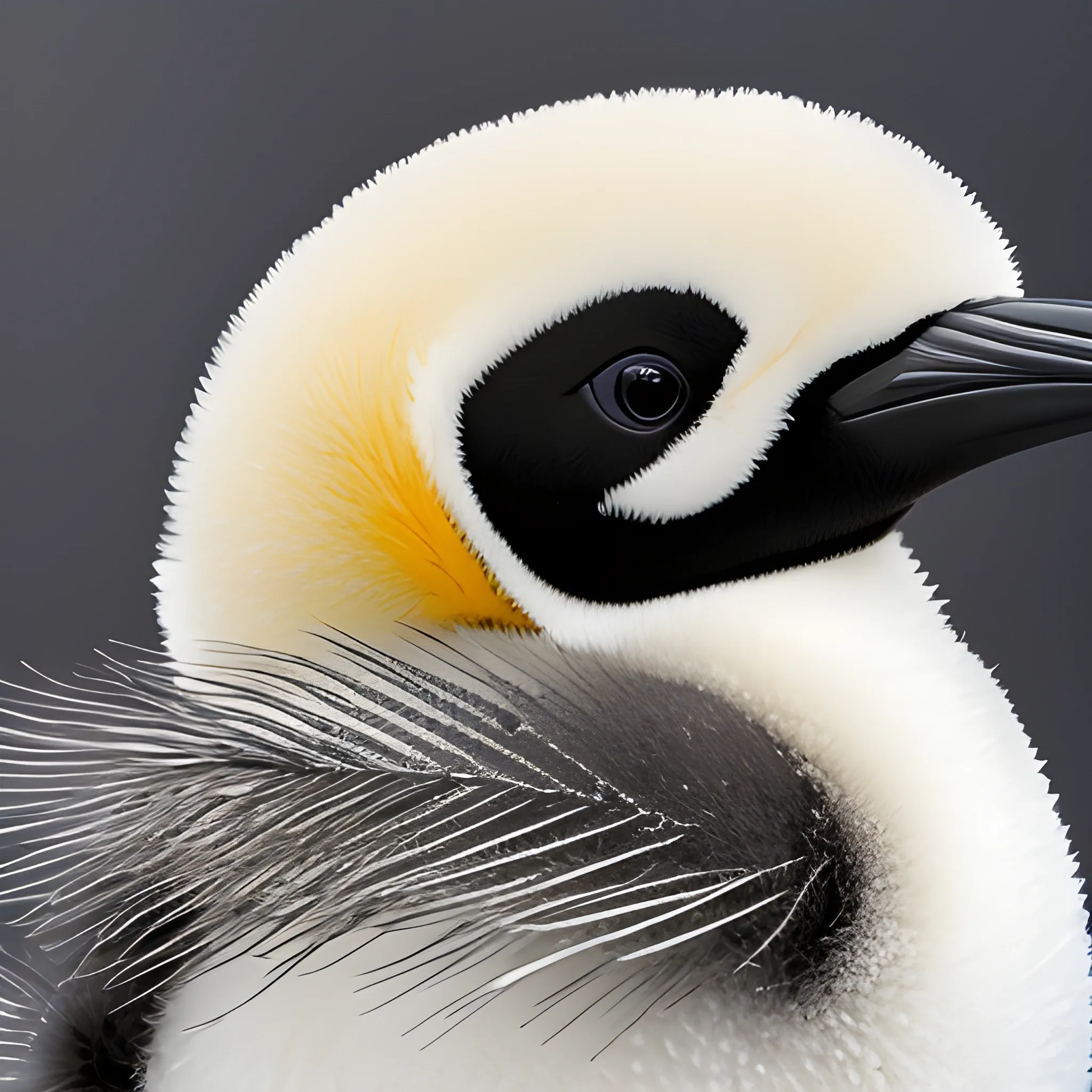 Photo, A newborn emperor penguin chick whose entire body is covered in fluffy black or silver feathers without any orange or yellow. Only the head, eyes, and beak are black, and the stomach and back are covered in fluffy silver feathers. The beak is short. It does not have a yellow one point.
