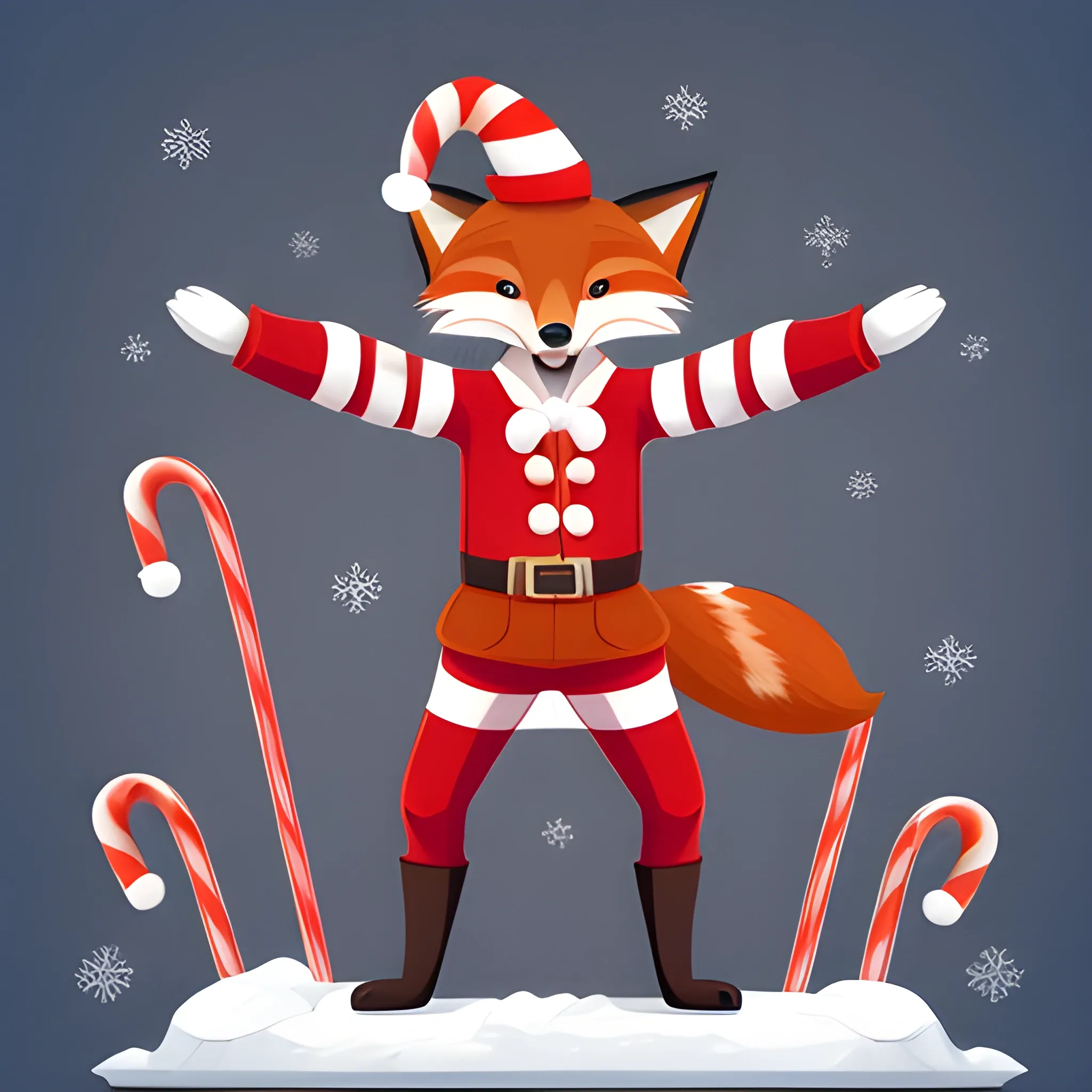 A fox with his hands in his pockets and with 2 candy canes crossed on his back , Cartoon