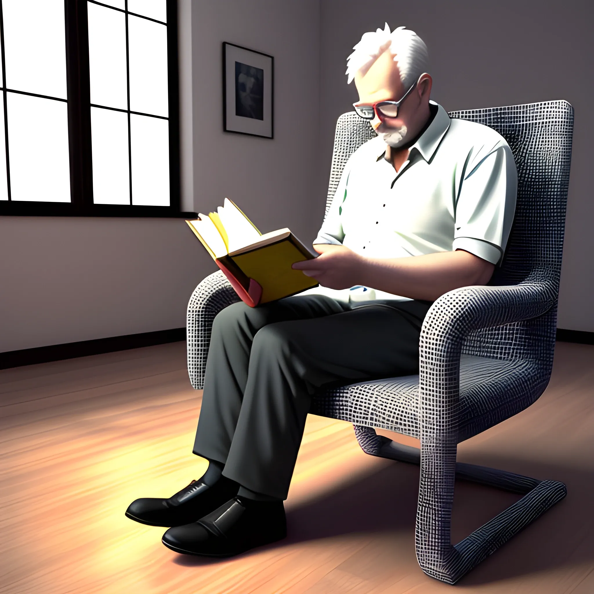 a 50 years old man read book on chair, 3D