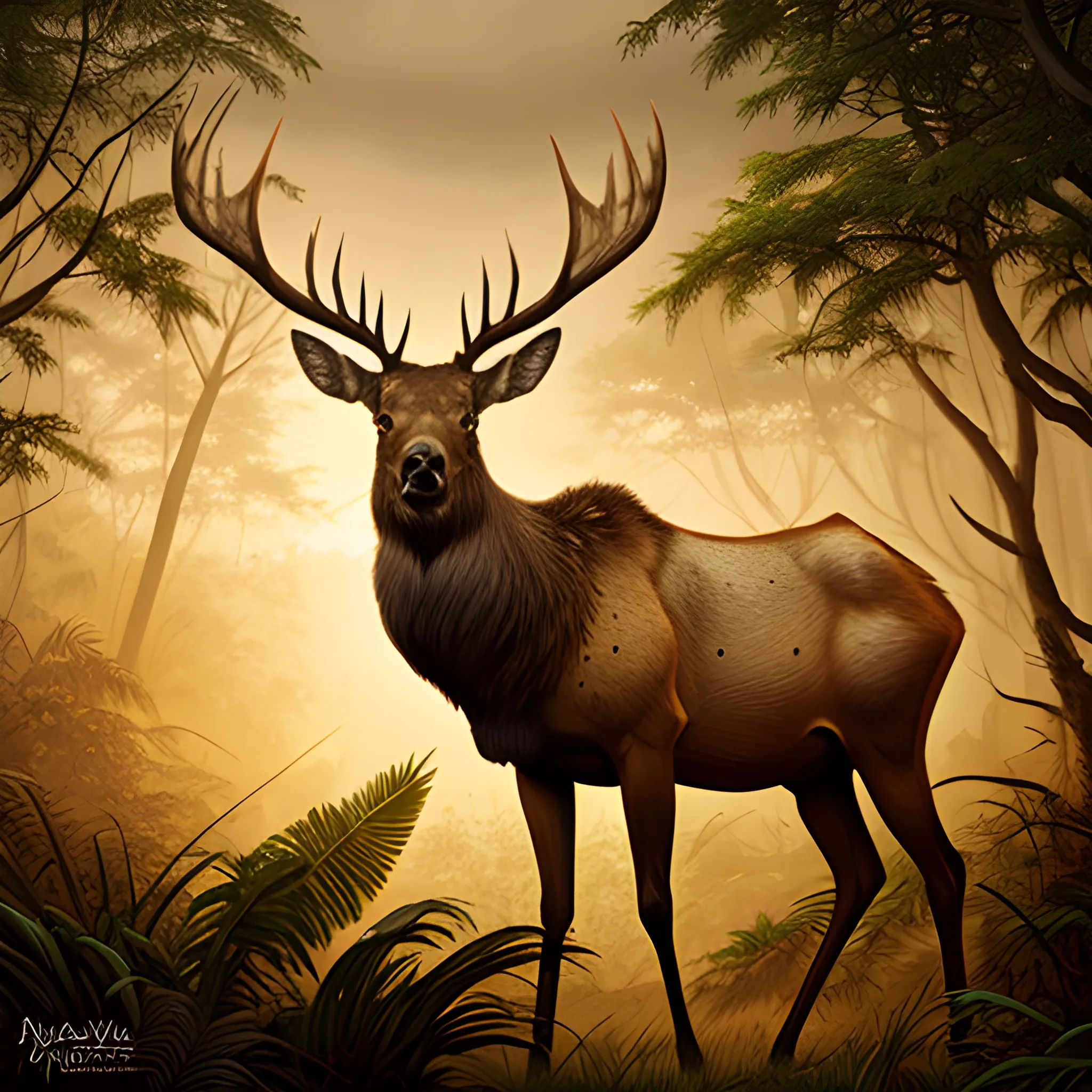 Elk in the jungle, warm tones at dusk, realistic style, nice