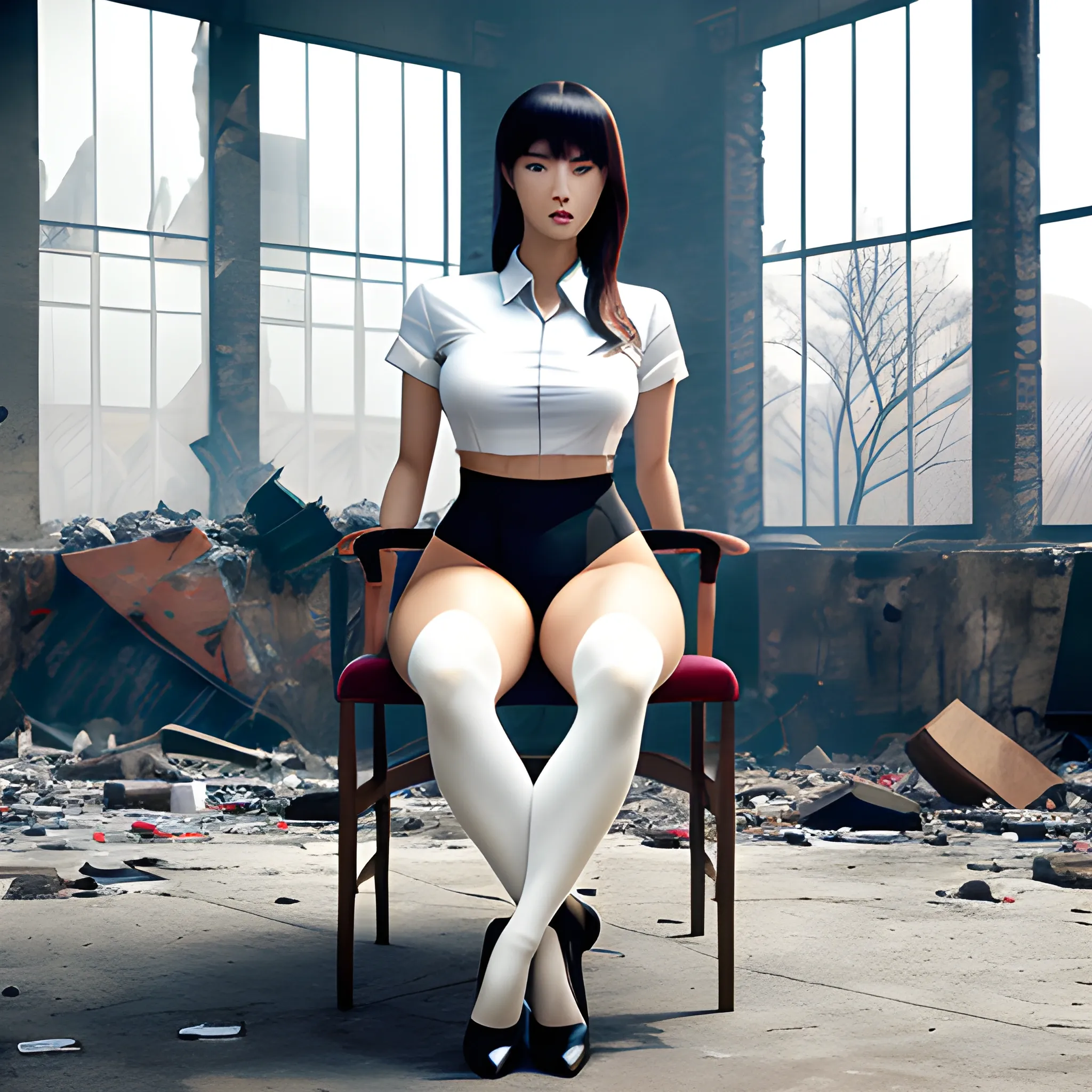casual fashion shot of   korean cheap damsel in distress, wearing tights , cameltoe, longhaired, symmetric face, manga eyes,  full figure, fit,  tight white shirt, legs, knees, high heels, sitting on the chair in the demolished class, school, revenge, sinister art by Greg Rutkowski, 