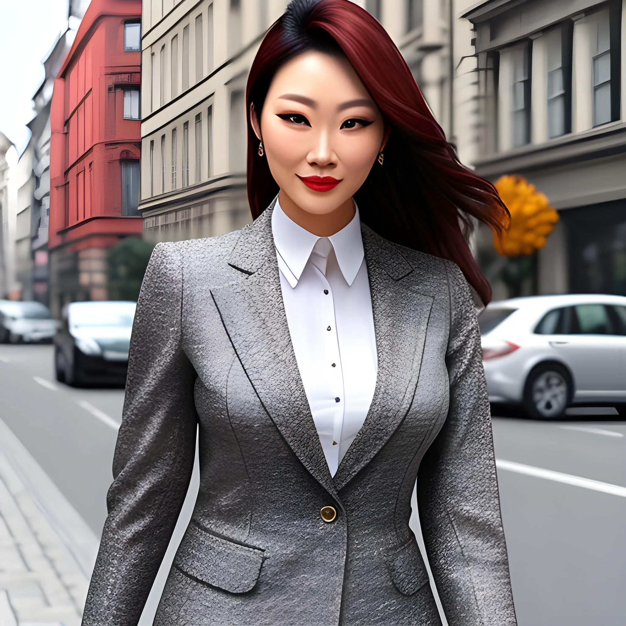 Eurasian girl wearing gray tweed blazer suit, street style, photo-realistic, 16k