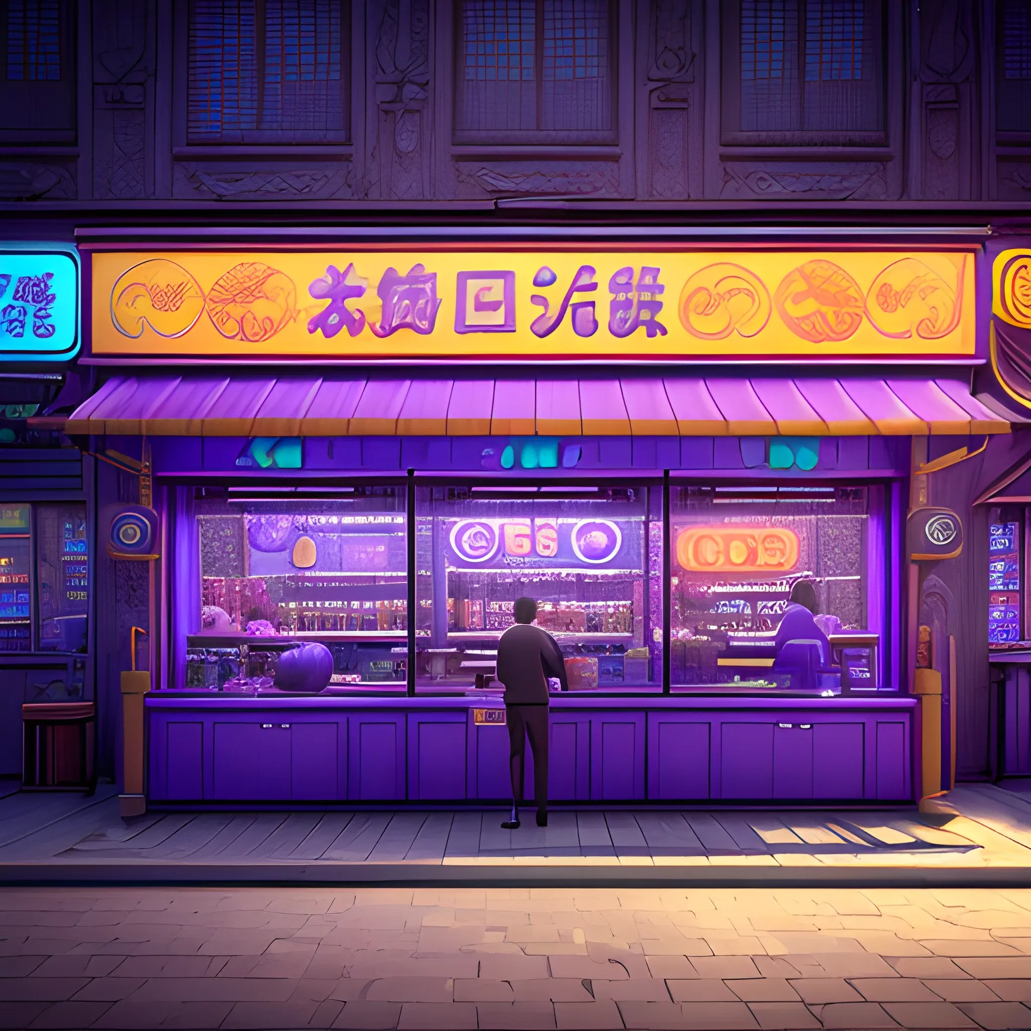 A noodle shop, One cashier, from front, purple blue color scheme,  a man, high key lighting, volumetric light, digital art, highly detailed, fine detail, intricate, ornate, complex, octane render, unreal engine, photorealistic 