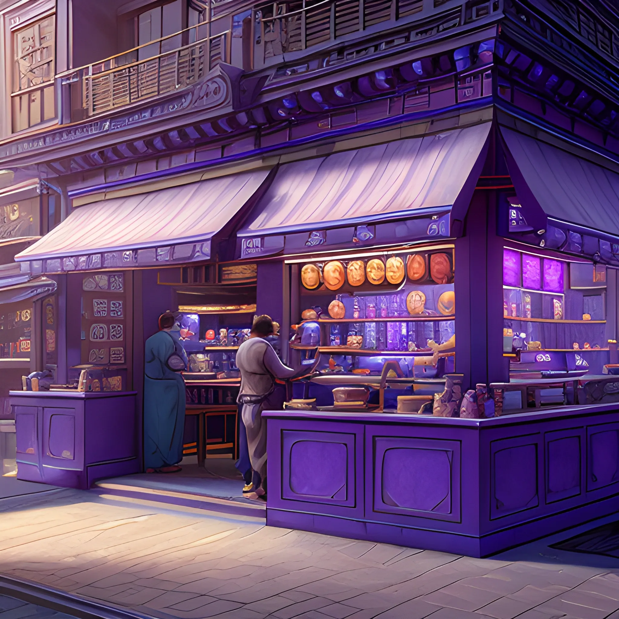 A noodle shop, One cashier, from front, purple blue color scheme,  a man, high key lighting, volumetric light, digital art, highly detailed, fine detail, intricate, ornate, complex, octane render, unreal engine, photorealistic , Pencil Sketch