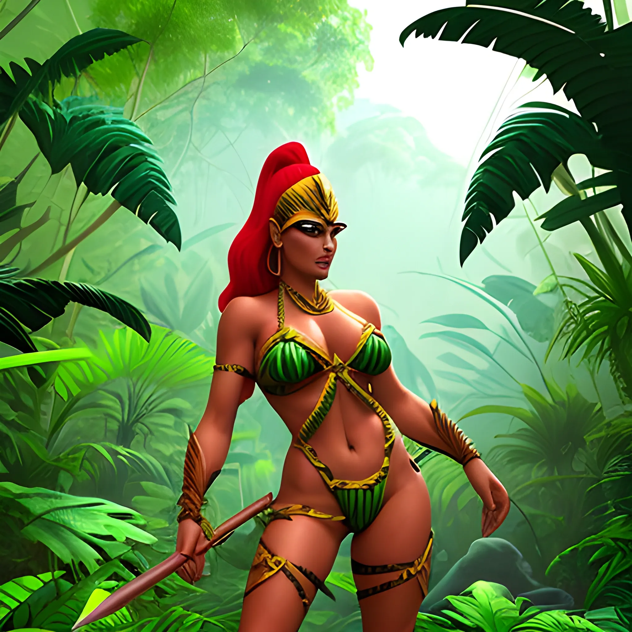 amazonic woman, armed with a spears, 3d style, in the jungle.