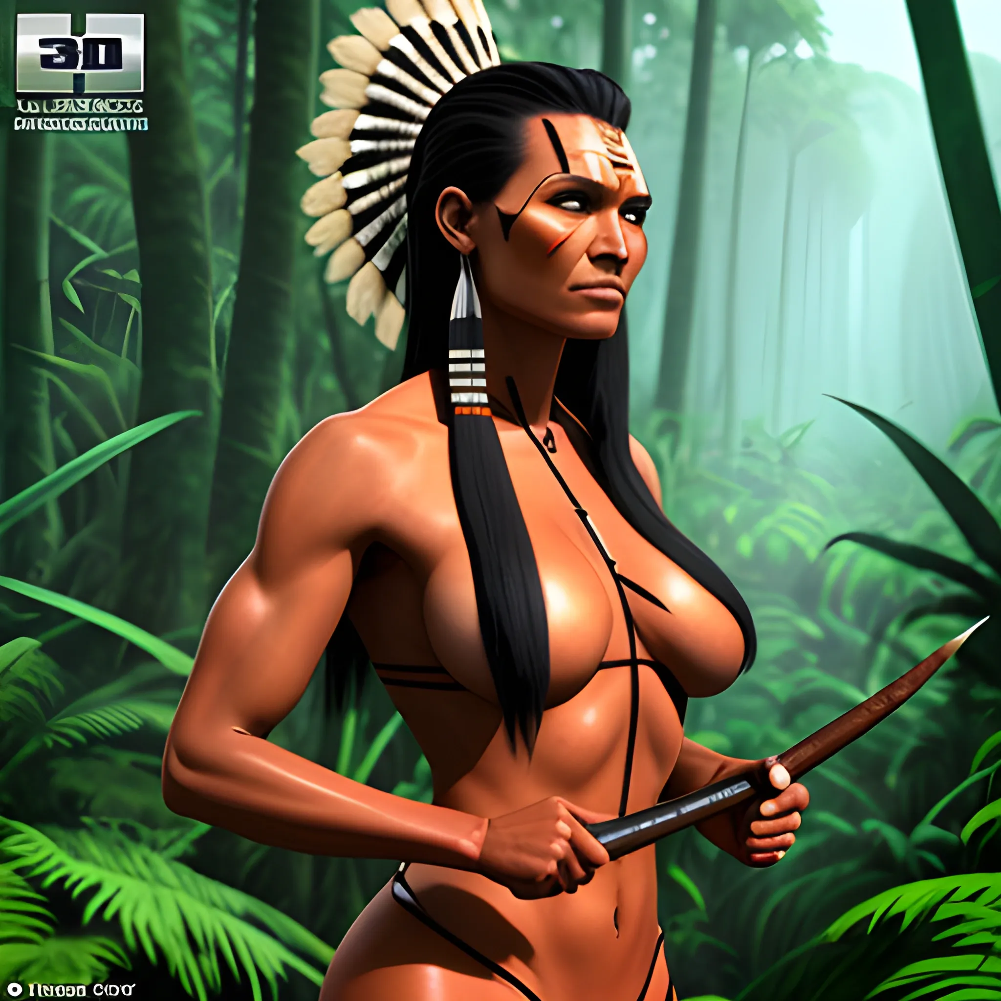 indigenus teen woman armed with a spears in the jungle, 3D