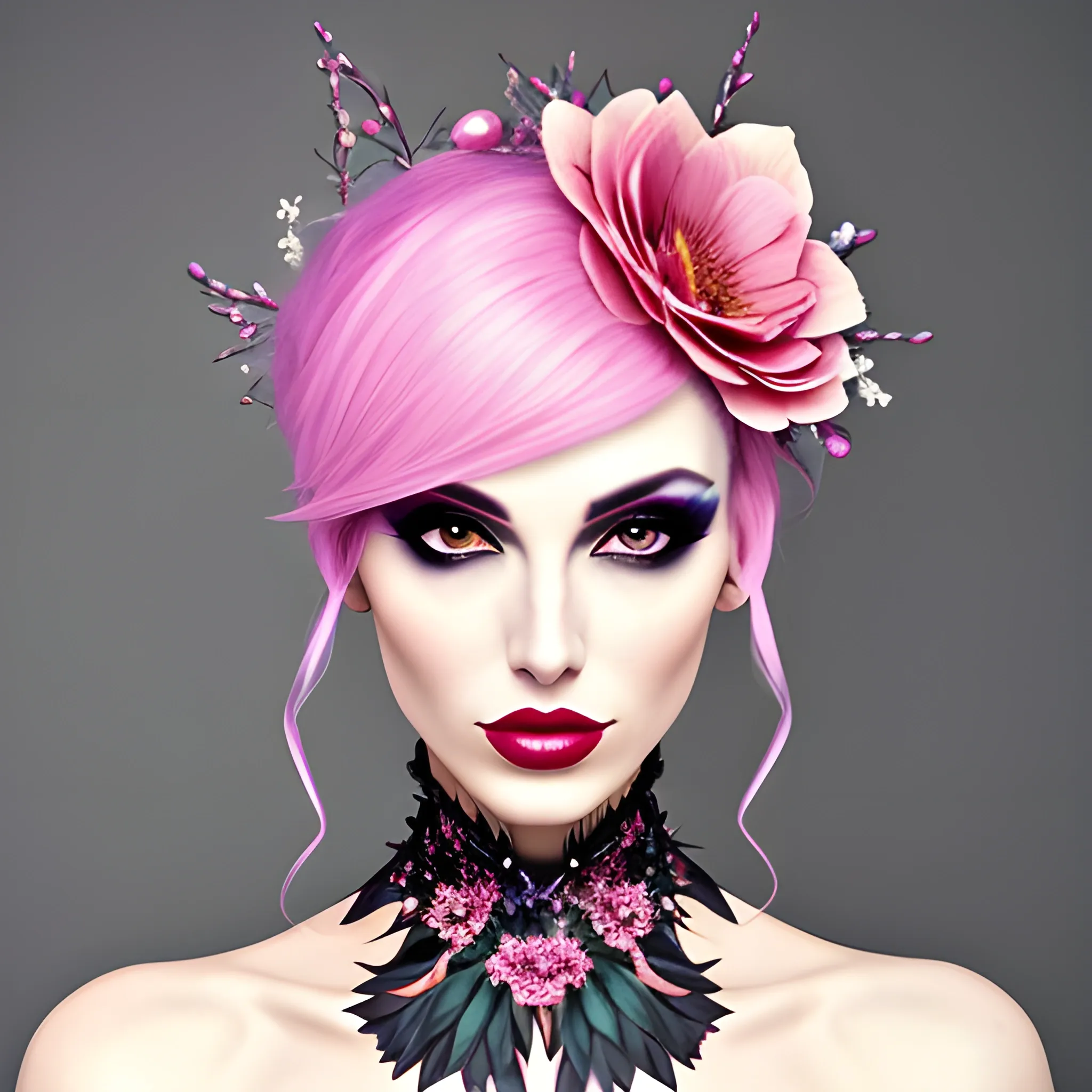 Portrait of a beautiful girl in bloom, mysterious and elegant floral punk fashion