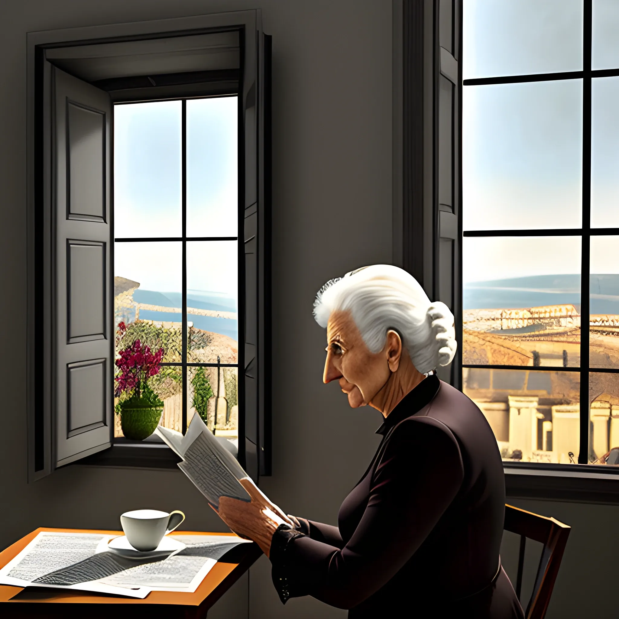 a young woman sitting by the window reading a Greek newspaper and an elderly woman standing upright, looking out the window, realism, eerie atmosphere, inspired by Caravaggio, Baroque style , Trippy, 3D