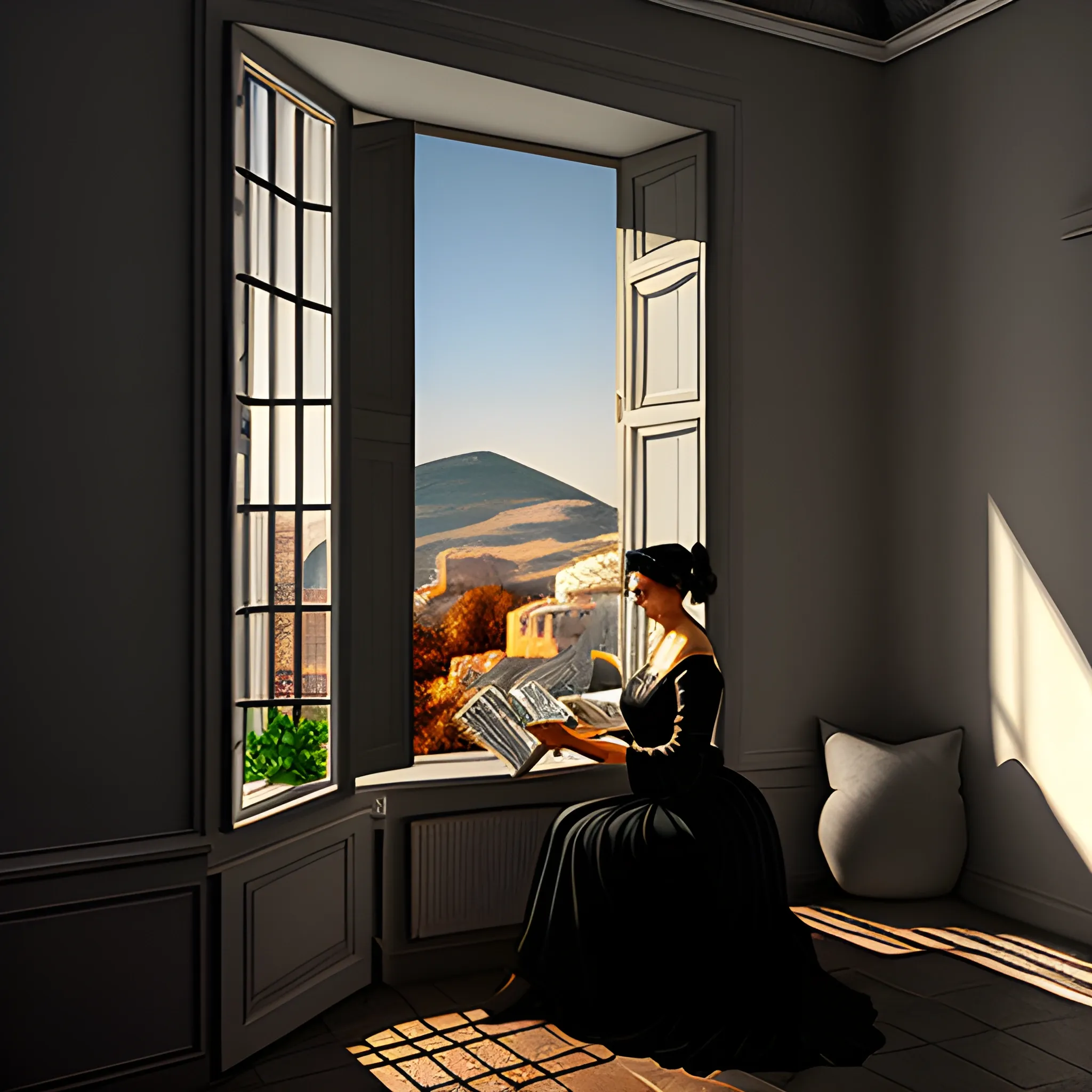 2 young woman sitting by the window reading a Greek newspaper and looking out the window, realism, eerie atmosphere, inspired by Caravaggio, Baroque style , Trippy, 3D