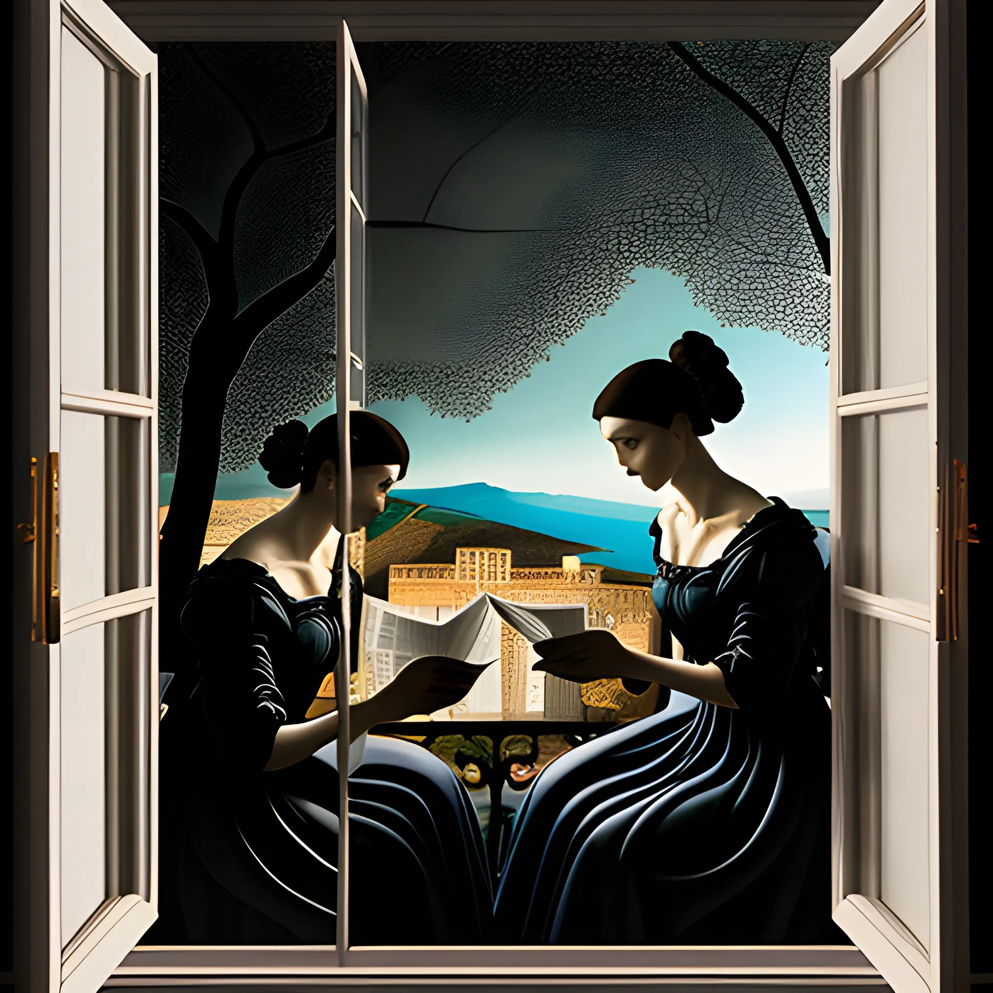 two young woman sitting by the window reading a Greek newspaper and looking out the window, realism, eerie atmosphere, inspired by Caravaggio, Baroque style , Trippy, 3D