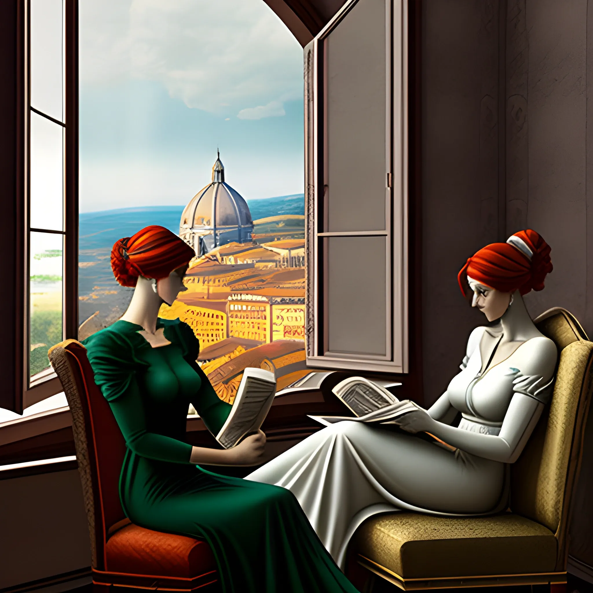 two young woman sitting by the window reading a Italian newspaper and looking out the window, realism, eerie atmosphere, inspired by Michelangelo , Renaissance style , Trippy, 3D