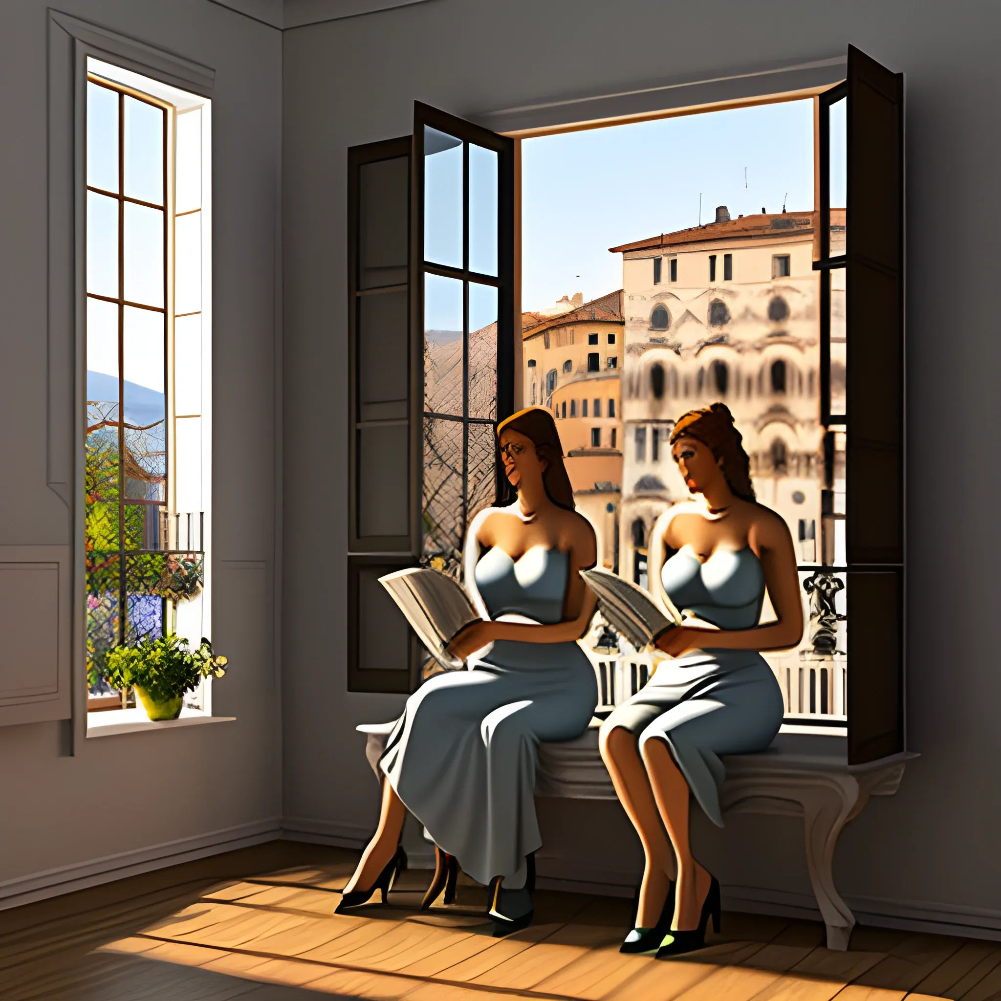 two young woman sitting by the window reading an Italian newspaper. Α third woman is standing a looking out the window, inspired by Michelangelo , Renaissance style , Trippy, 3D