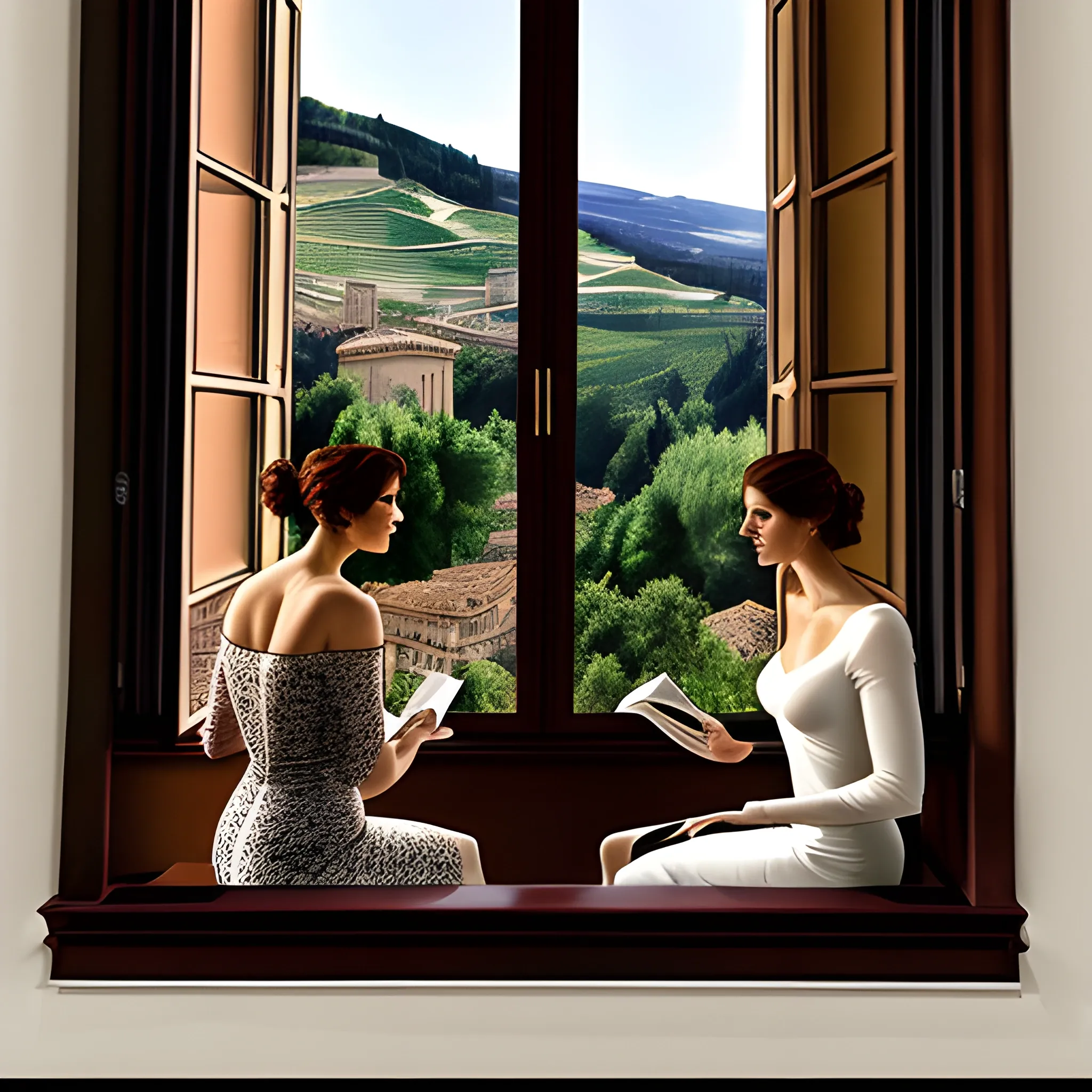 two young woman sitting by the window reading an Italian newspaper. Α third woman is standing a looking out the window, inspired by Michelangelo , Renaissance style ,