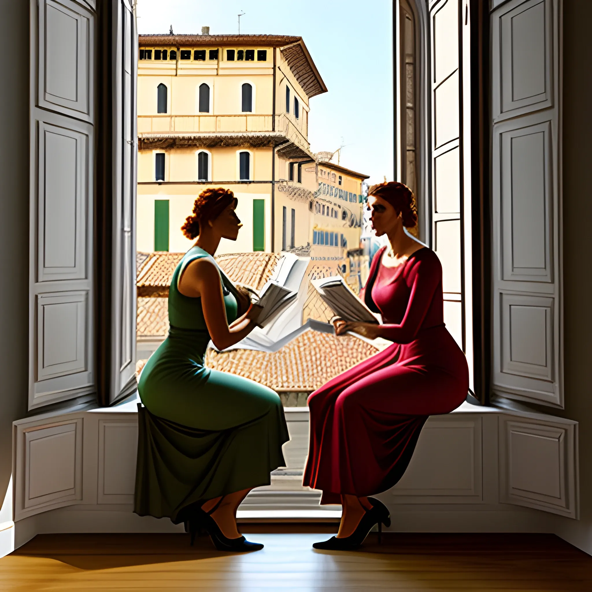 two young woman sitting by the window reading an Italian newspaper. Α third woman is standing looking out the window, inspired by Michelangelo , Renaissance style ,