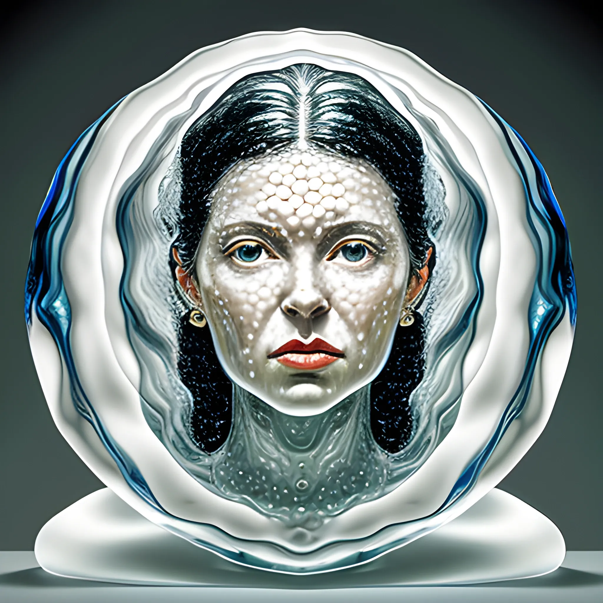 Female portrait made of fluid glass, work of a surrealist master