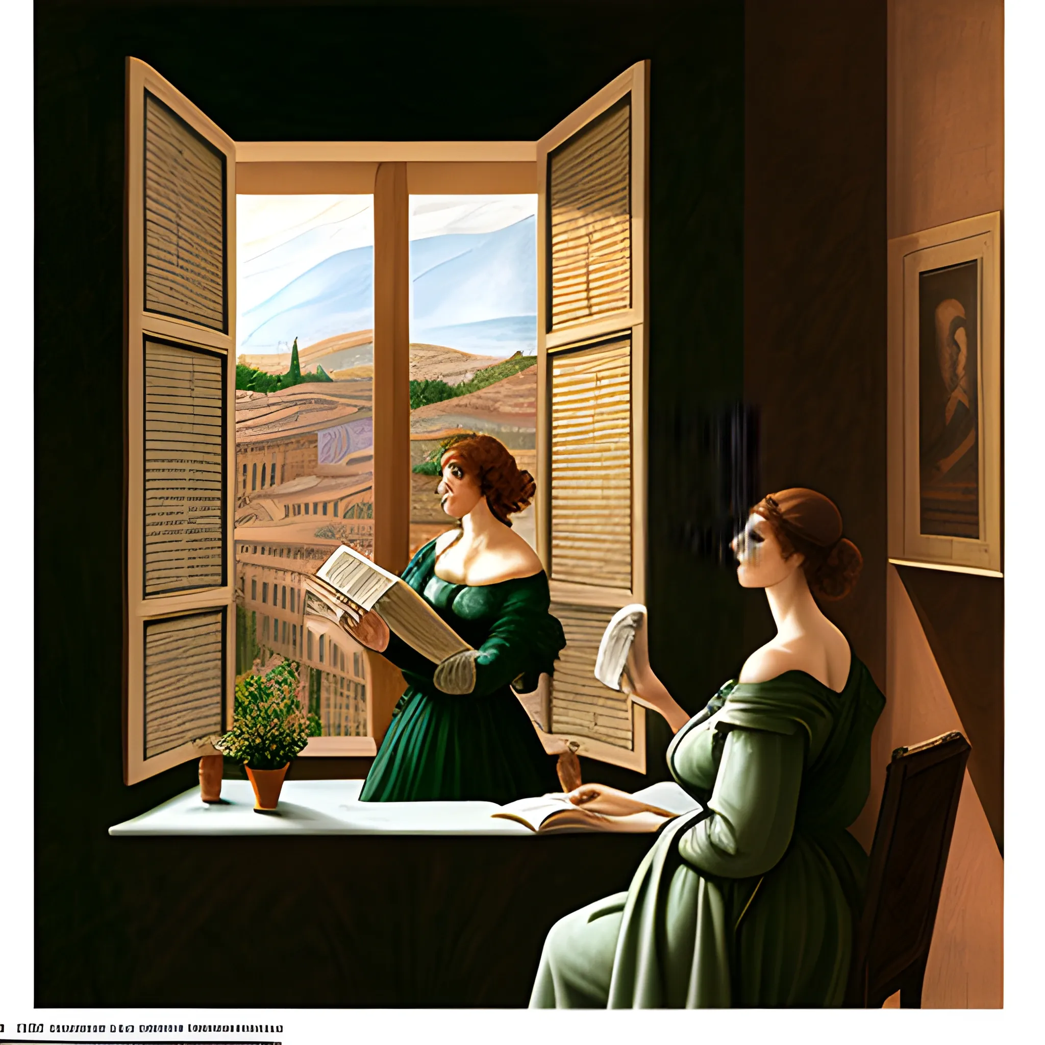 two young woman sitting by the window reading an Italian newspaper. Α third woman is standing looking out the window, inspired by Michelangelo , Renaissance style ,, Oil Painting