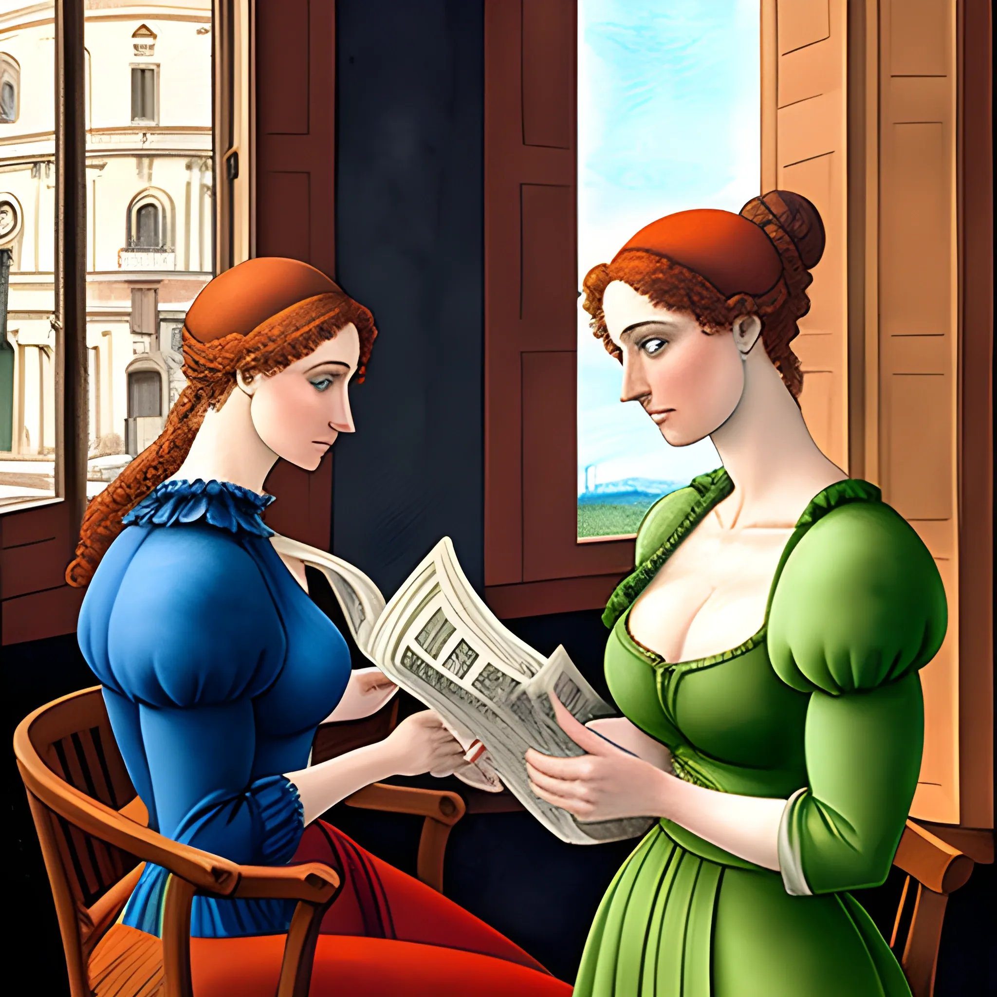 two young woman sitting by the window reading an Italian newspaper. Α third woman is standing looking out the window, inspired by Michelangelo , Renaissance style, Water Color