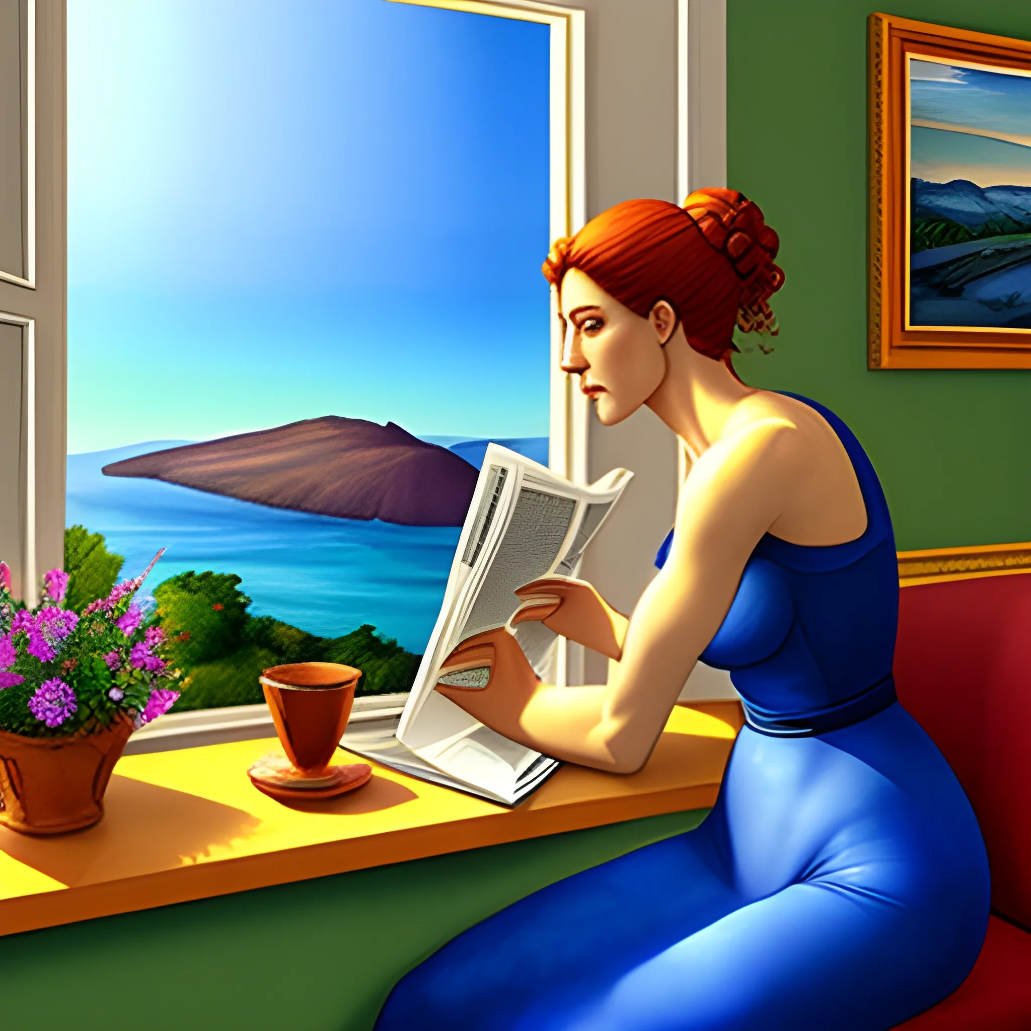 two young woman sitting by the window reading a Greek newspaper. Α third woman is standing looking out the window, inspired by Michelangelo , Renaissance style, Water Color, 3D