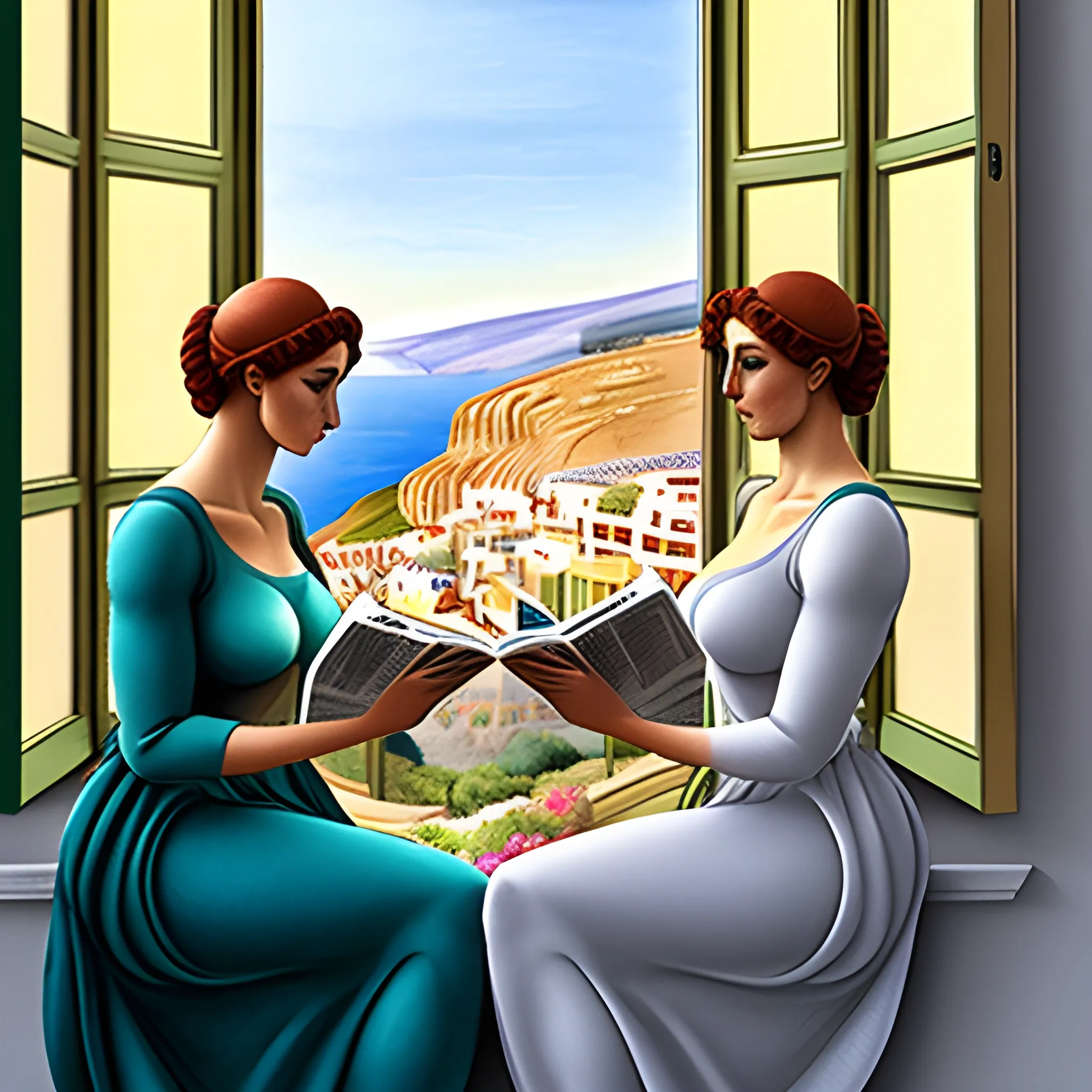 two young woman sitting by the window reading a Greek newspaper. Α third woman is standing looking out the window, inspired by Michelangelo , Renaissance style, Water Color, 3D