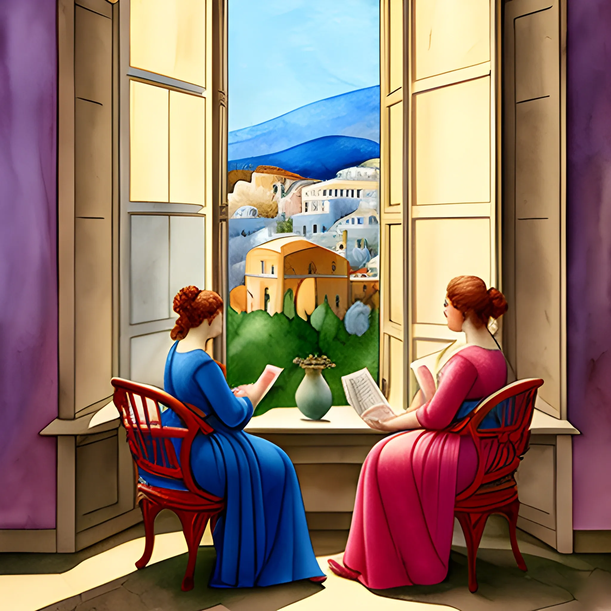 two women sit in armchairs  by the window reading Greek newspapers. Α third woman is standing looking out the window, inspired by Michelangelo , Renaissance style, Water Color, 