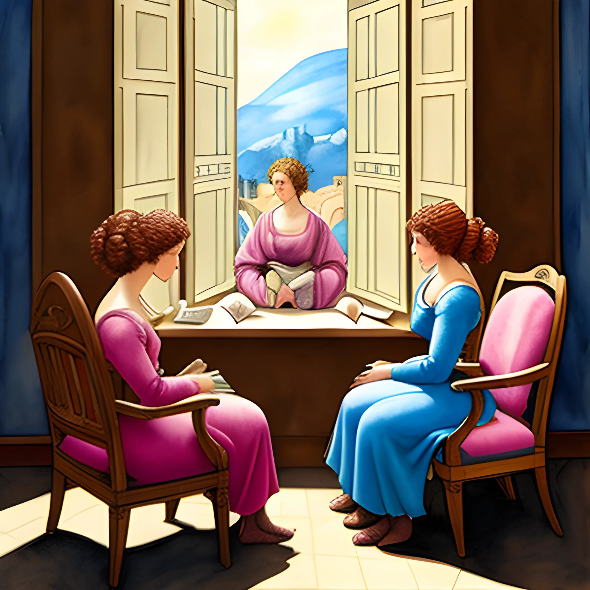 two women sit in armchairs  by the window reading Greek newspapers, a third woman is standing looking out the window, inspired by Michelangelo , Renaissance style, Water Color, 