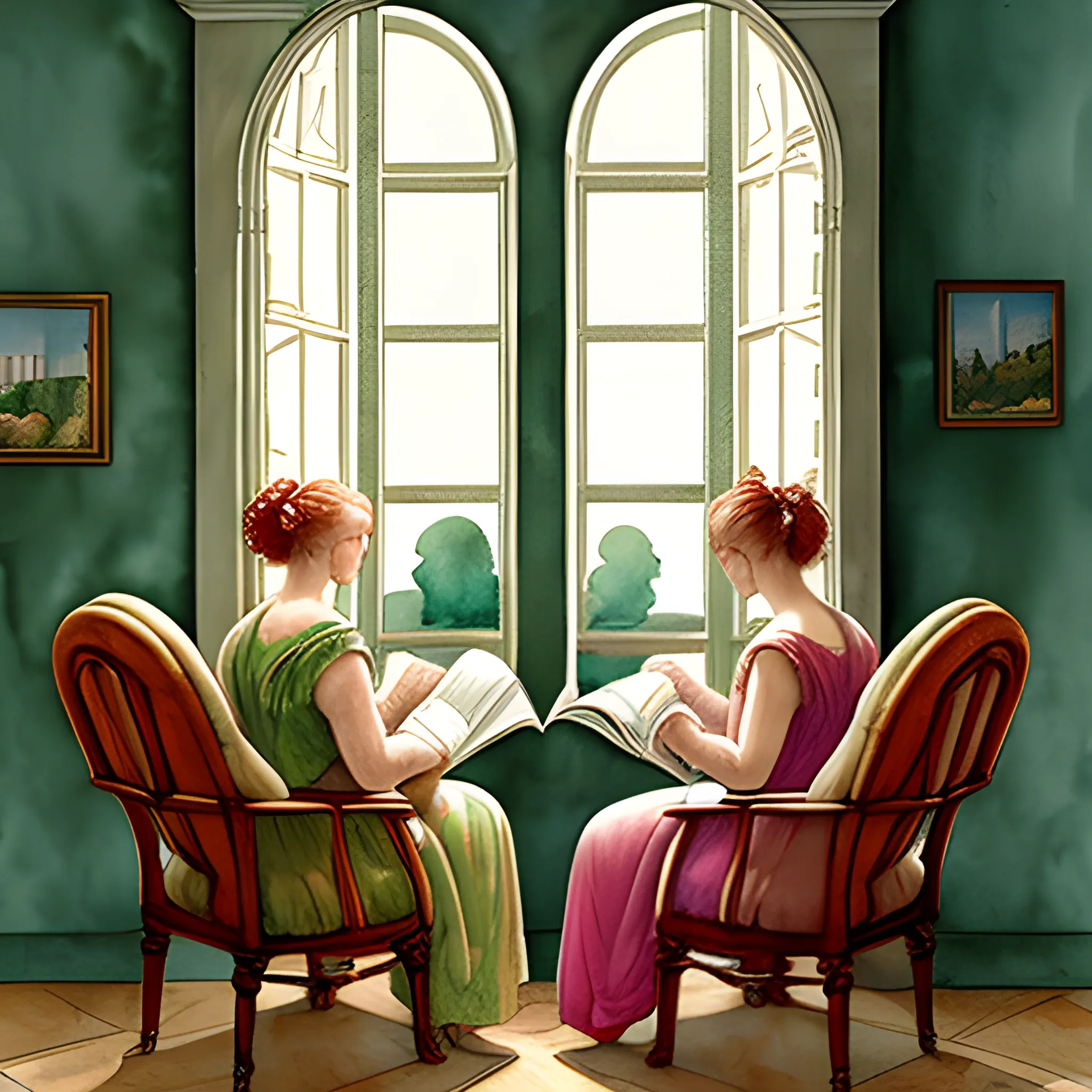 two women sit in armchairs  by the window reading French newspapers, a third woman is standing looking out the window, inspired by Michelangelo , Renaissance style, Water Color, 