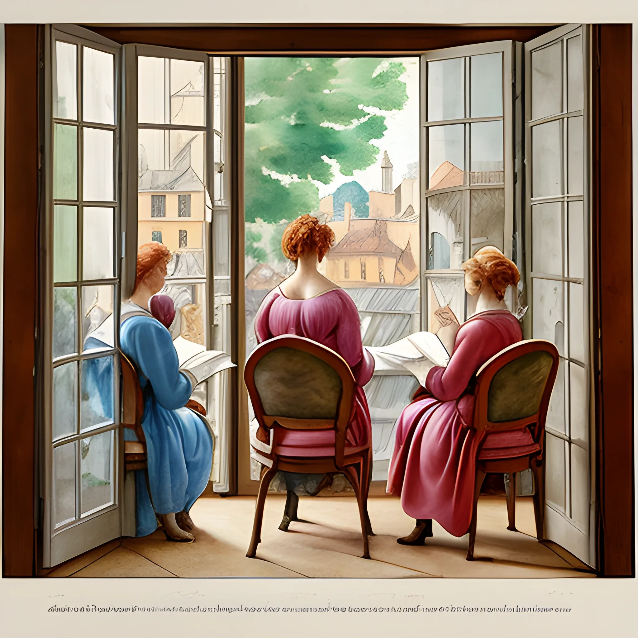 two women sit in armchairs  by the window reading French newspapers, a third woman is standing looking out the window, inspired by Michelangelo , Renaissance style, Water Color, 