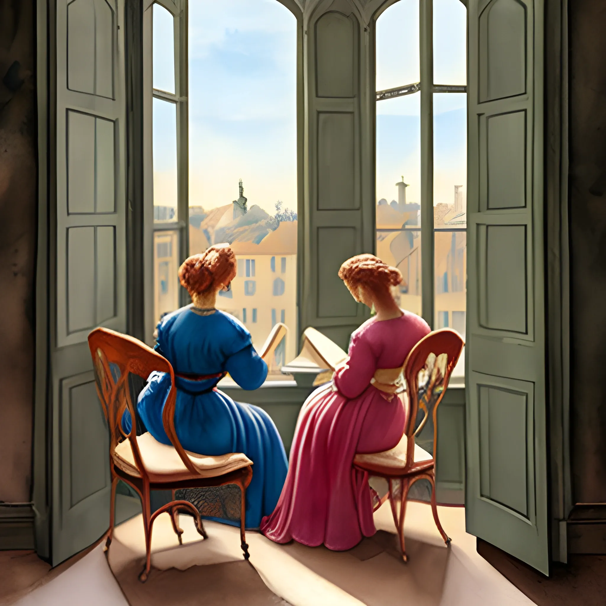 two women sit in armchairs  by the window reading French newspapers, a third woman is standing looking out the window, inspired by Michelangelo , Renaissance style, Water Color, 