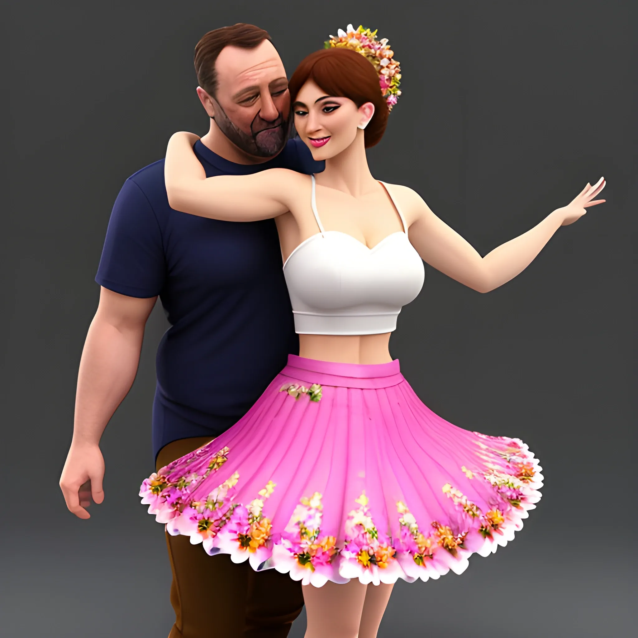 A  pretty teenager girl with flower skirt  that dance with a 40 year old man.

, 3D