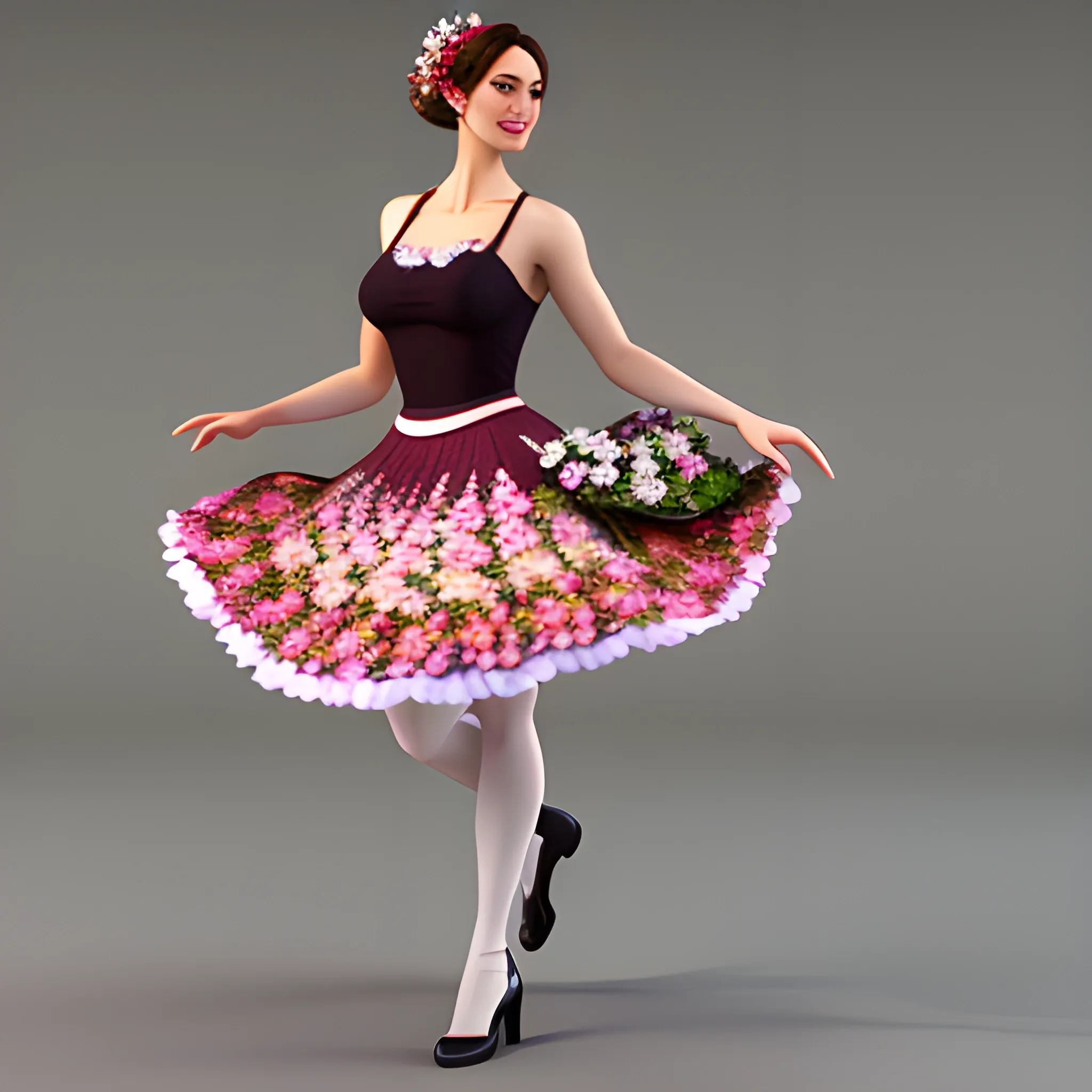 A  pretlittle tle girl with flower skirt  that dance with a 40 year old man.

, 3D