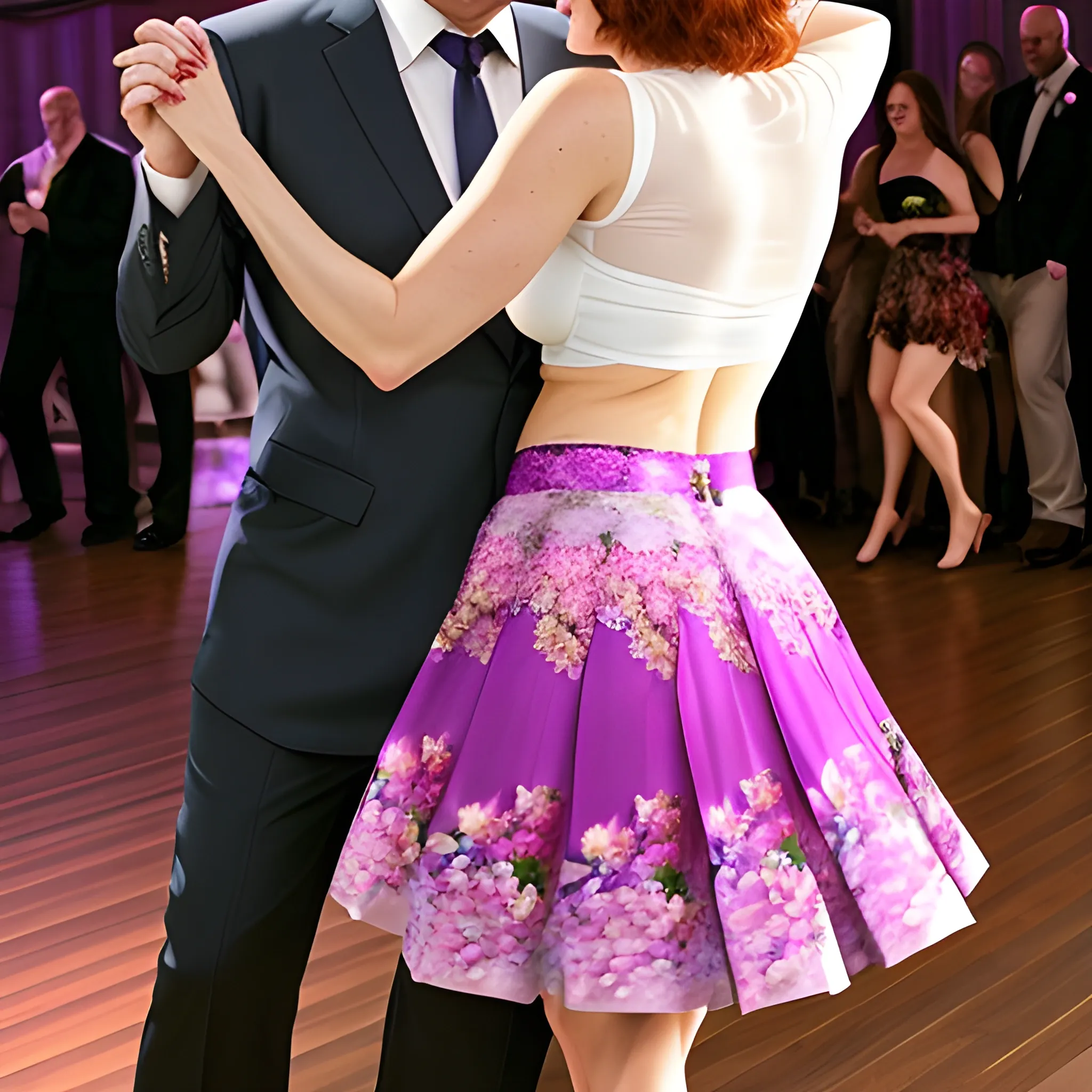 A  pretty  young  girl  that dance with a 40 year old man.
This girl  have a flower skirt.
Man is touching the thigh  of this girl while dancing
The man  put  her hand on the thigh of that girl.
, 3D