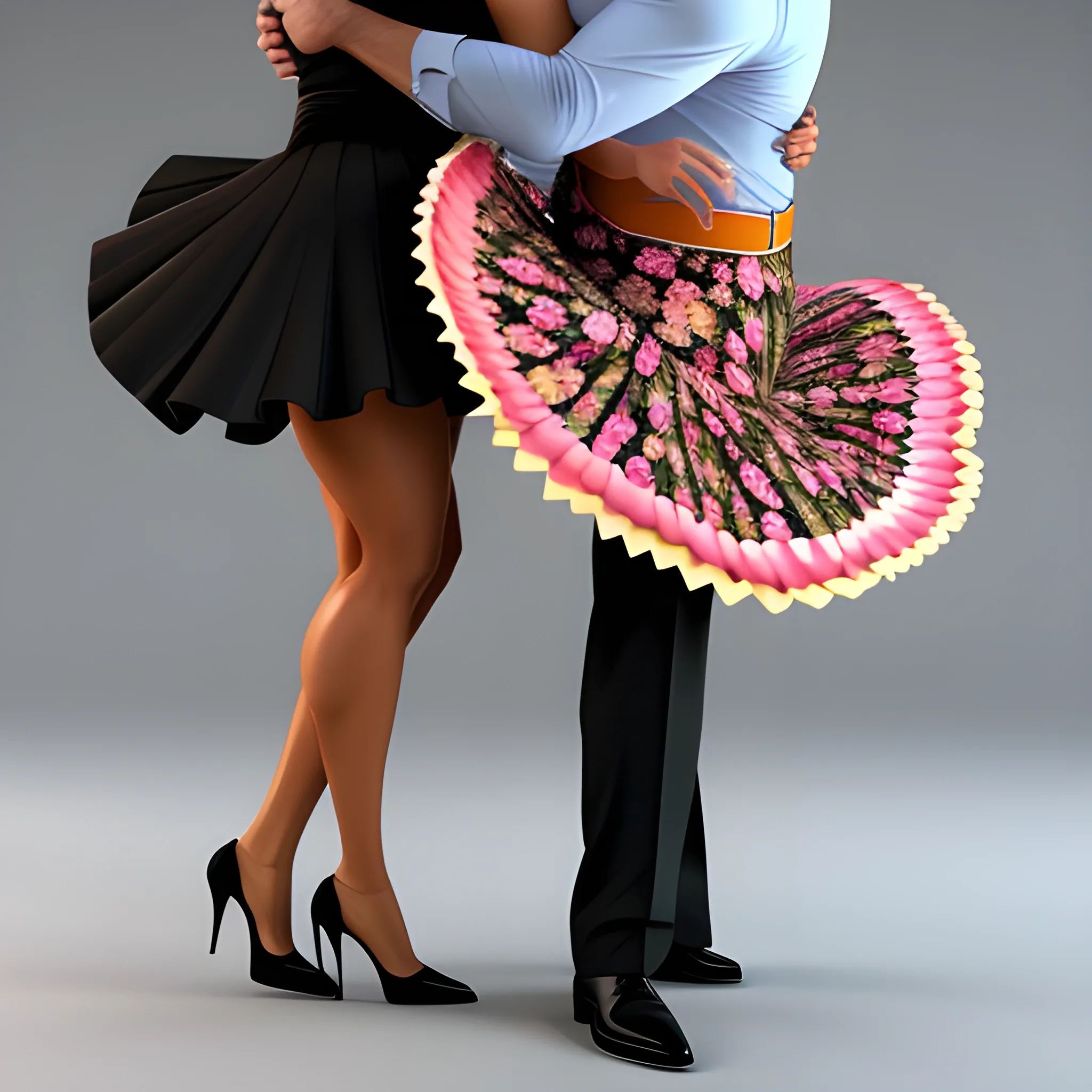 A  pretty  young  girl  that dance with a 40 year old man.
This girl  have a flower skirt.
Man is touching the thigh  of this girl while dancing
The man  put  her hand on the thigh of that girl.
, 3D