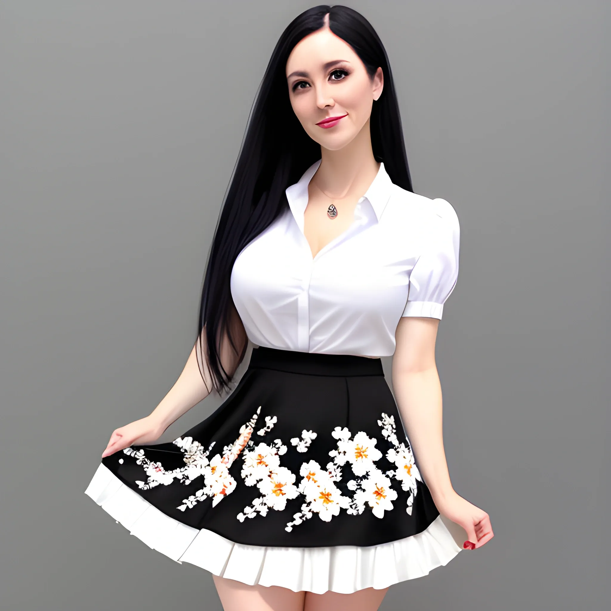 A ten year old girl that is white with black hair.  
A short flower skirt  whit pretty legs. And very pretty dress 