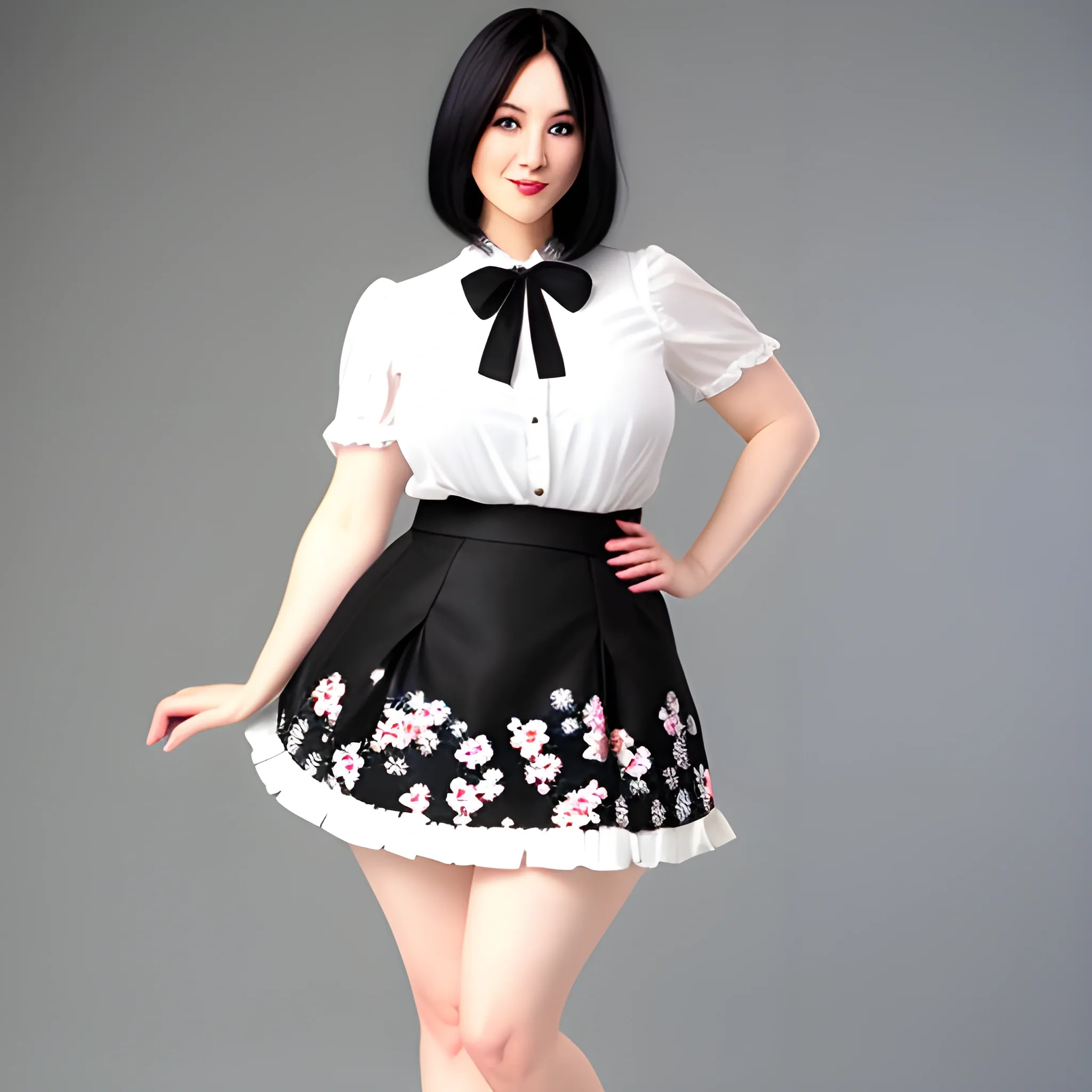 A ten year old girl that is white with black hair.  
A short flower skirt  whit pretty legs. And very pretty dress 