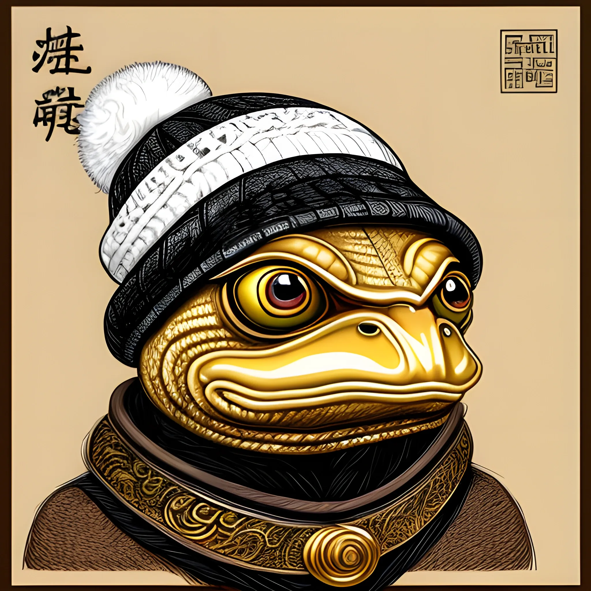 Portrait of a Wooden-golden chinese dragon with white and black eyes; highly detailed; wearing light-tan wool hat beanie without ball on it; meme style; rich texture; pepe frog style; simple drawing style
