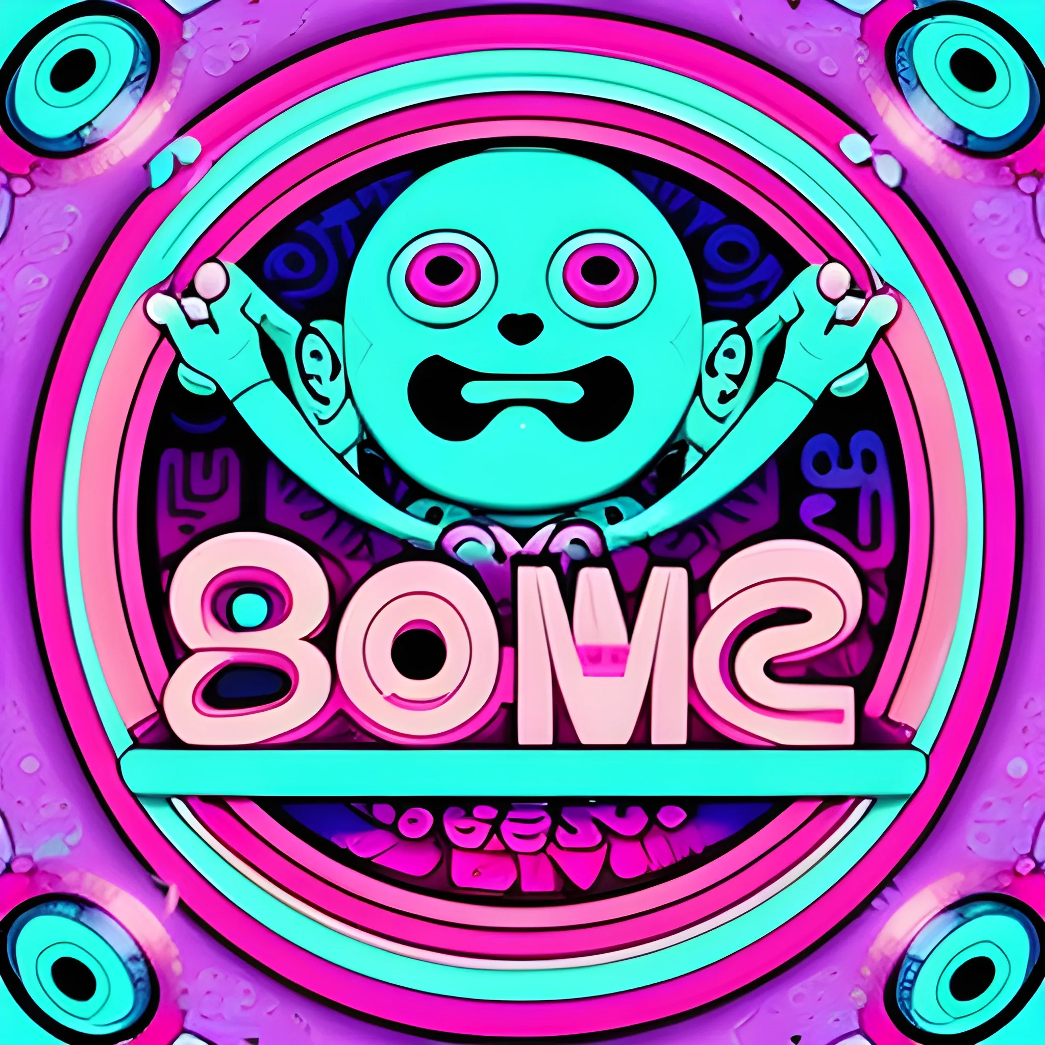 pink and cyan colored, circular avatar with centered text that says, "Verb8eM" in a Bold and sci-fi style font, surrounded by a Trippy, Cartoon, intricate detailing, embossed circular frame, transparent background