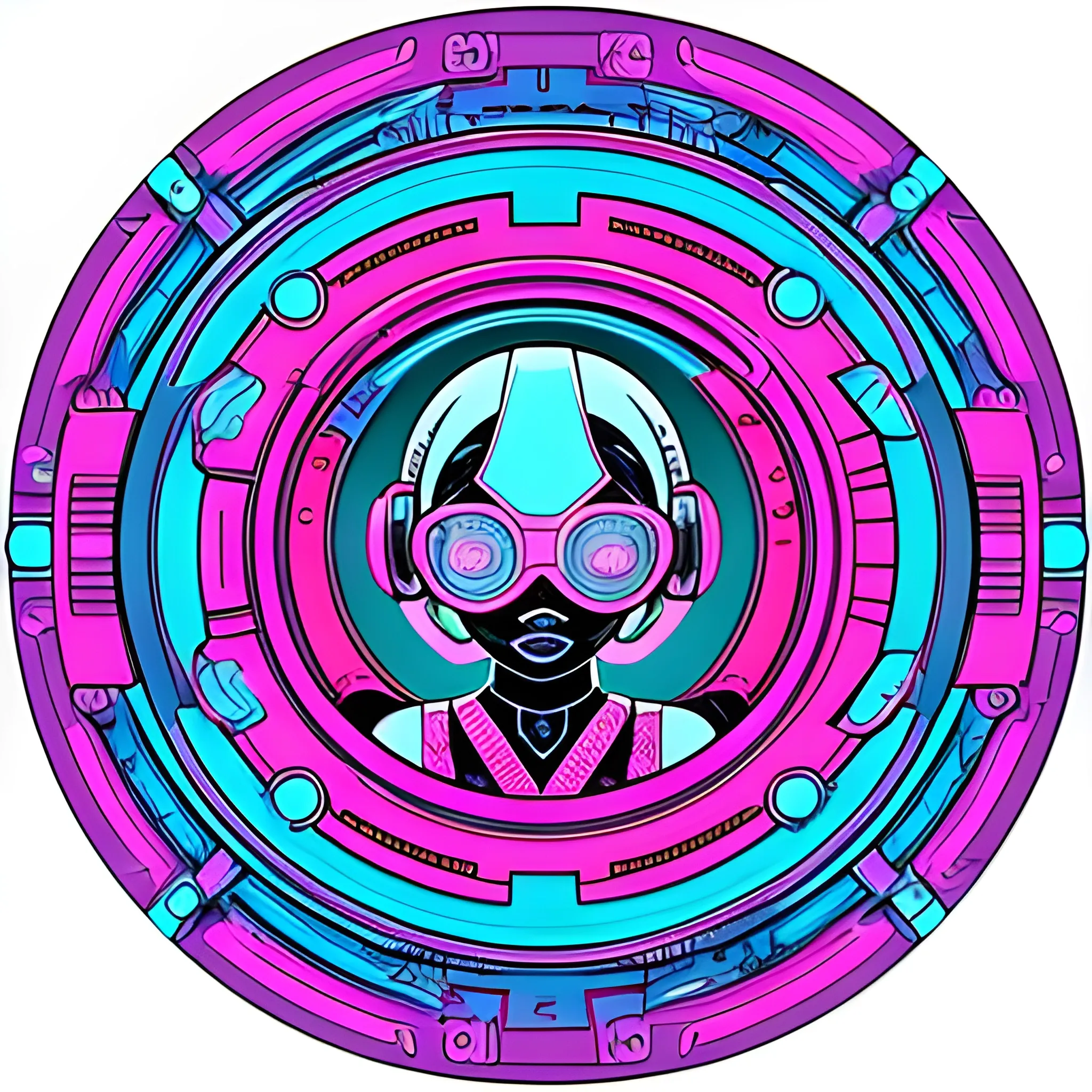 Sci-Fi, Hip-hop, Urban, pink and cyan colored, circular avatar Trippy, Cartoon, intricate detailing, embossed circular frame, transparent background