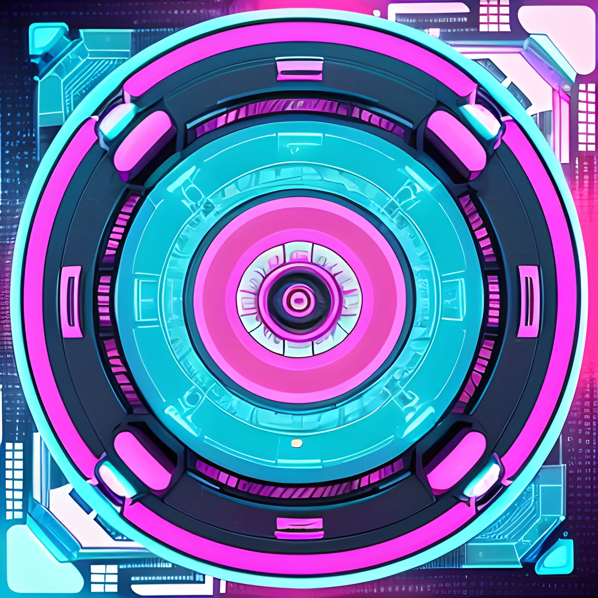Sci-Fi, Hip-hop, Urban, pink and cyan colored, circular avatar Trippy, Cartoon, intricate detailing, embossed circular subwoofer frame, transparent background