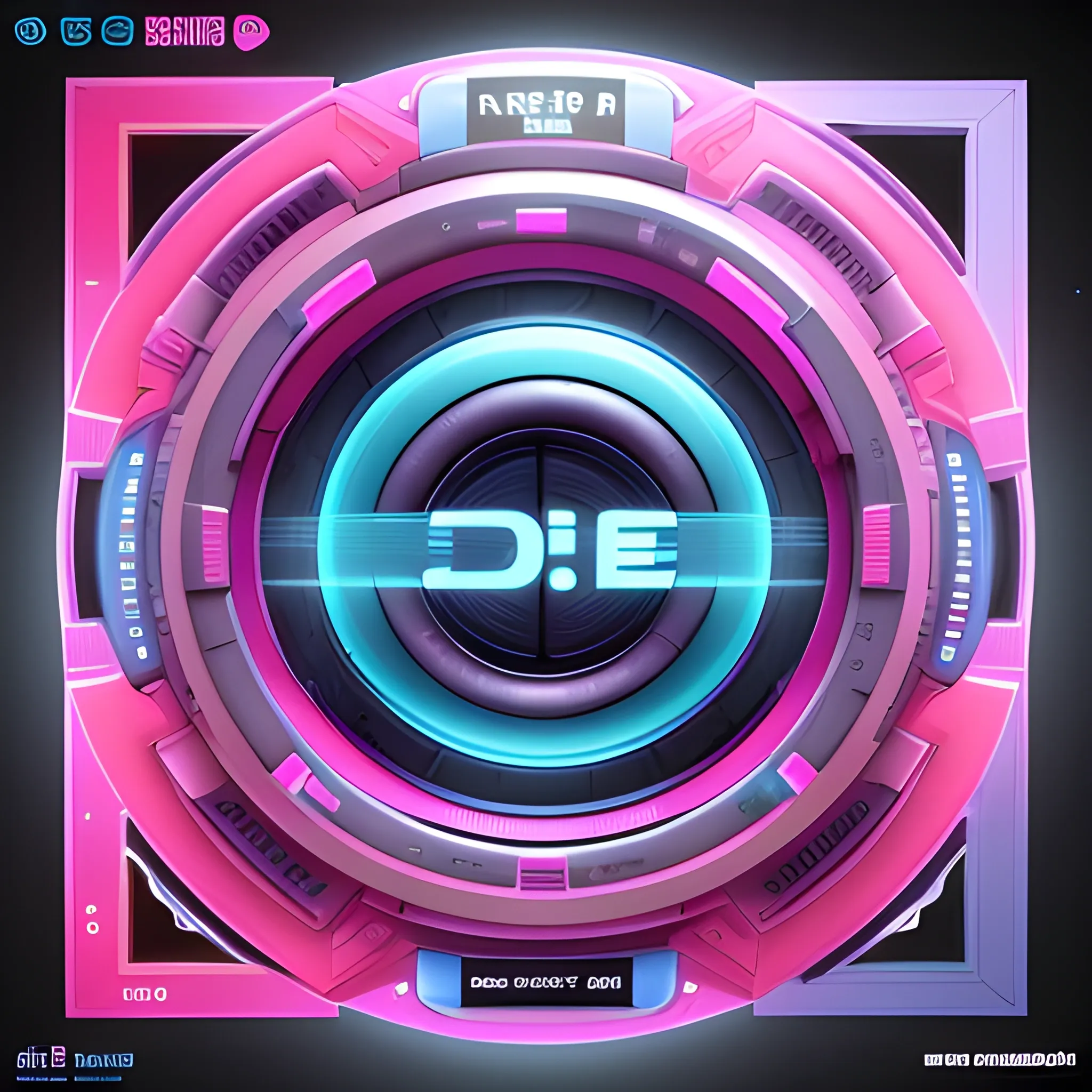 3D, Sci-Fi, Hip-hop, Urban, pink and cyan colored, circular avatar. high-definition, realistic, intricate detailing, embossed circular subwoofer frame, "Verb8eM" written centered inside, transparent background