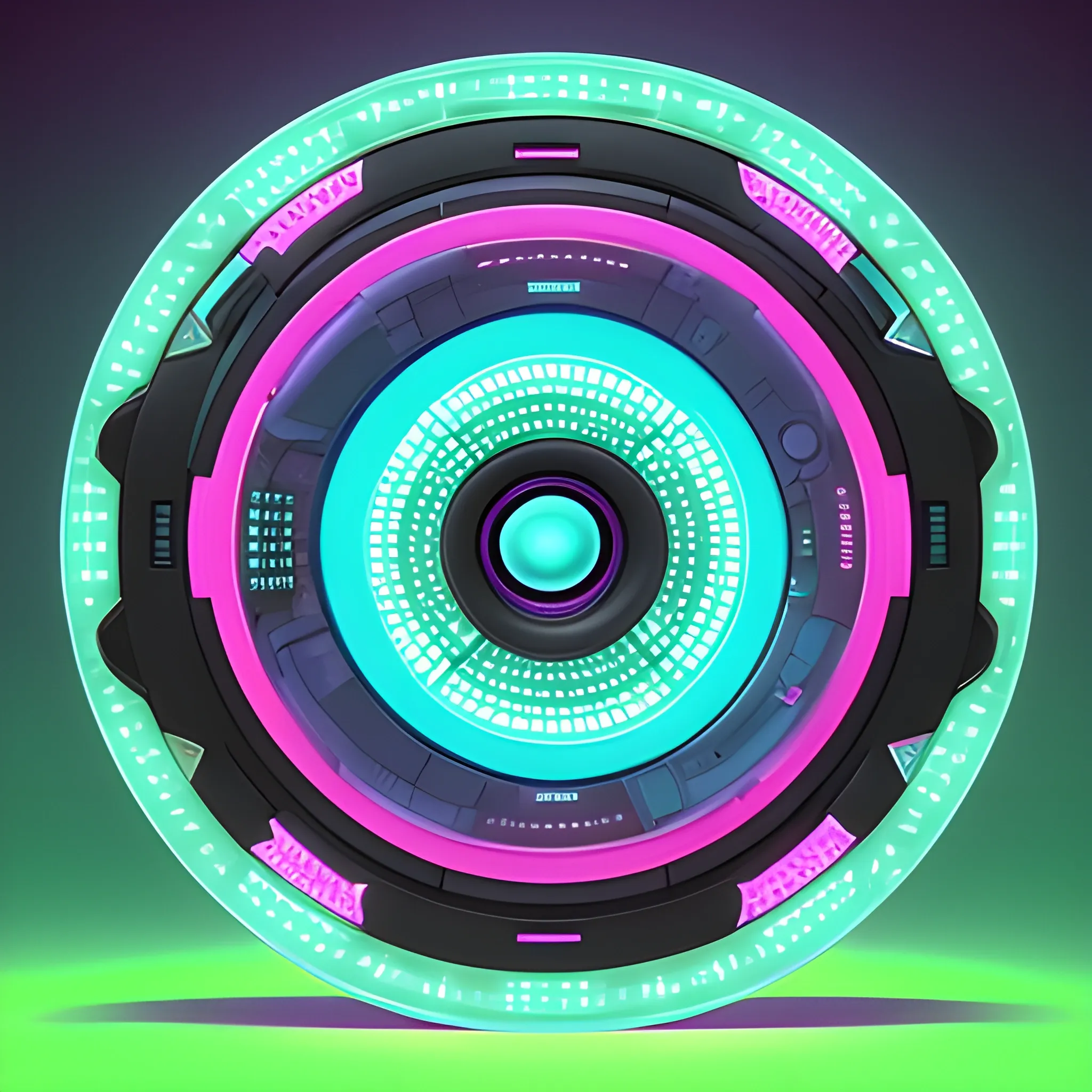 3D, Sci-Fi, Hip-hop, Urban, pink and cyan colored, circular avatar. high-definition, realistic, intricate detailing, embossed circular subwoofer frame, black circle with led lights bleeding centered inside, transparent background
