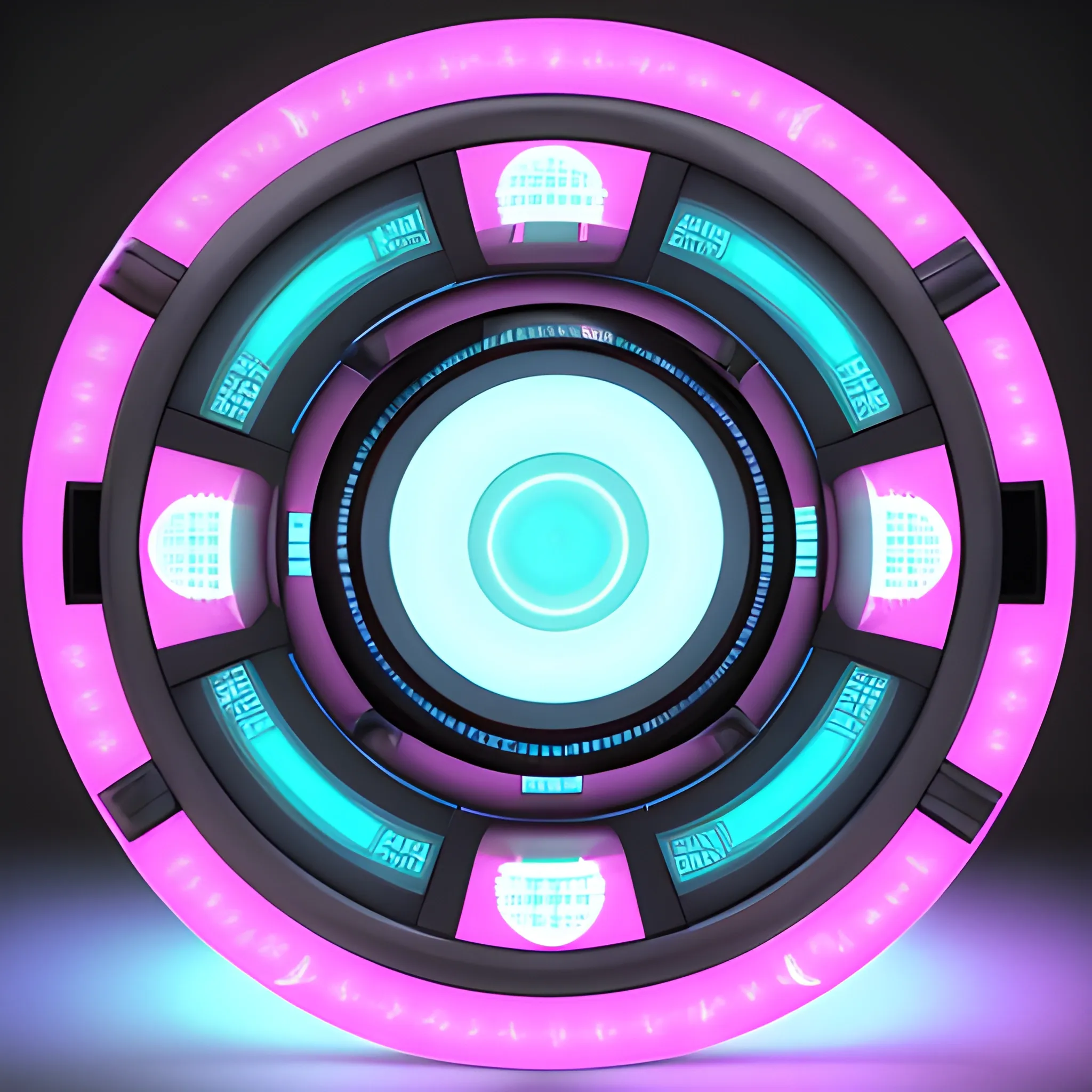 3D, Sci-Fi, Hip-hop, Urban, pink and cyan colored, circular avatar. high-definition, realistic, intricate detailing, embossed circular subwoofer frame, black circle with led lights bleeding centered inside, transparent background
