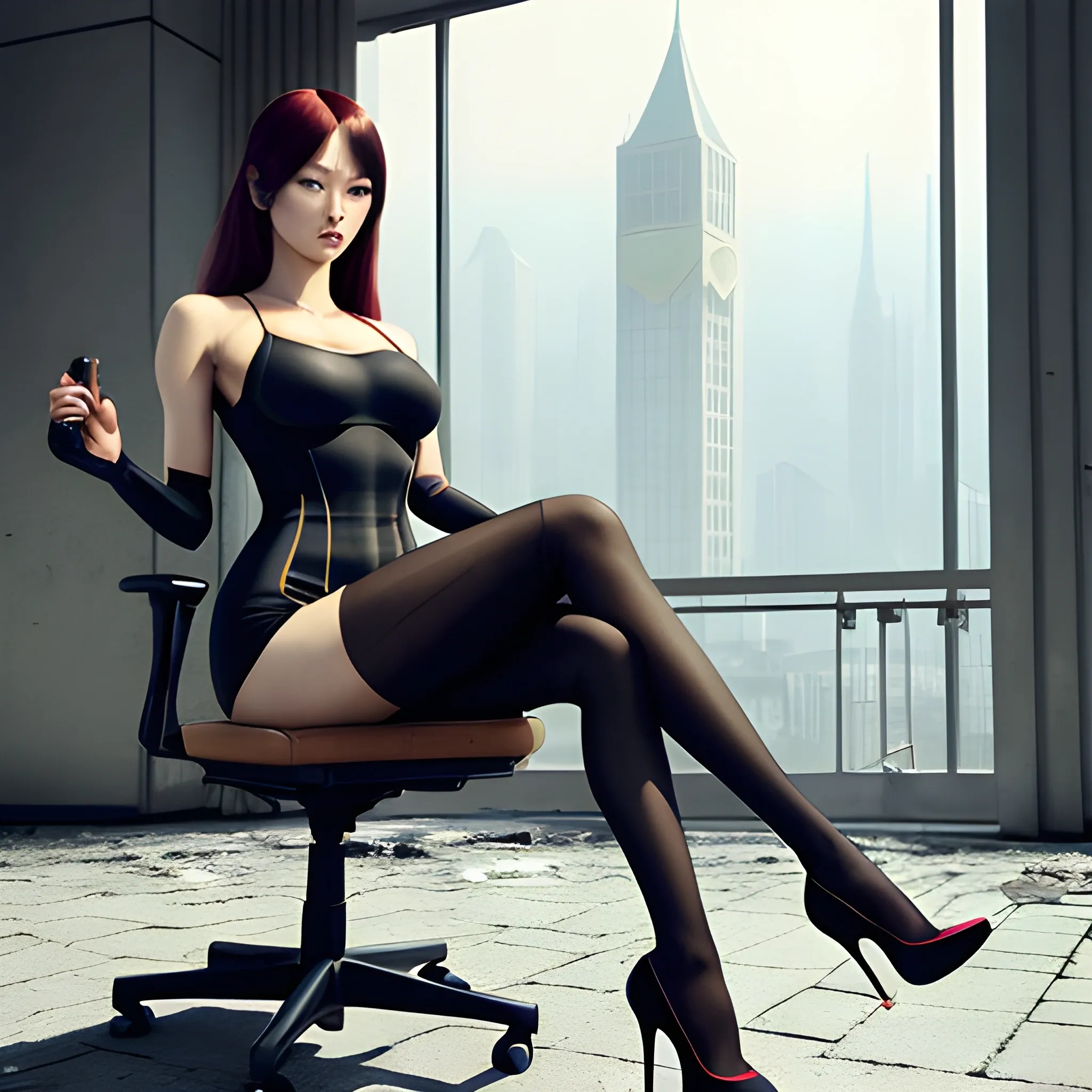 casual fashion shot of   korean cheap damsel in distress, wearing tights , cameltoe, longhaired, symmetric face, manga eyes,  full figure, fit,  office outfit, legs, knees, high heels, sitting on the chair in the demolished class, school, revenge, sinister art by Greg Rutkowski, 