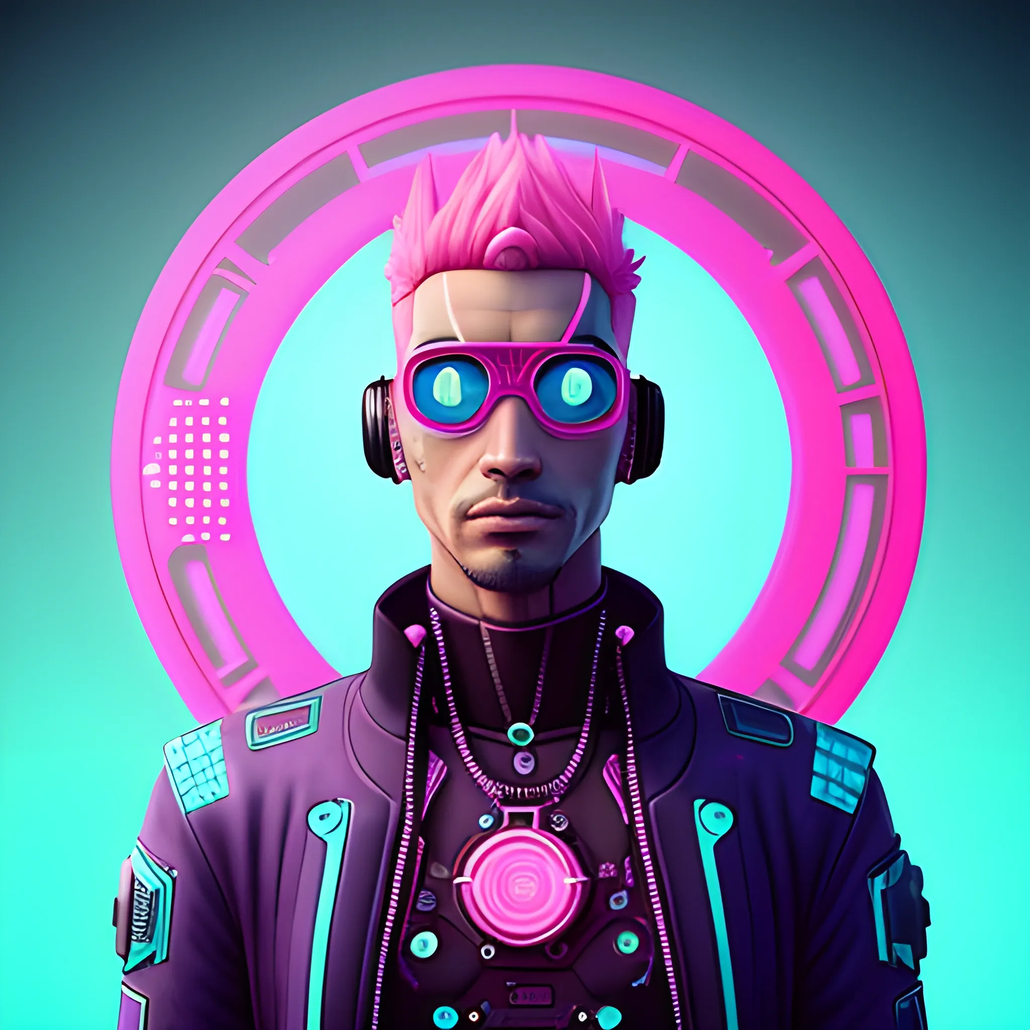 3D, Sci-Fi, Hip-hop, Urban, pink and cyan colored, circular male cyberpunk avatar, high-definition, realistic, intricate wavelength detailing, embossed circular frame, 