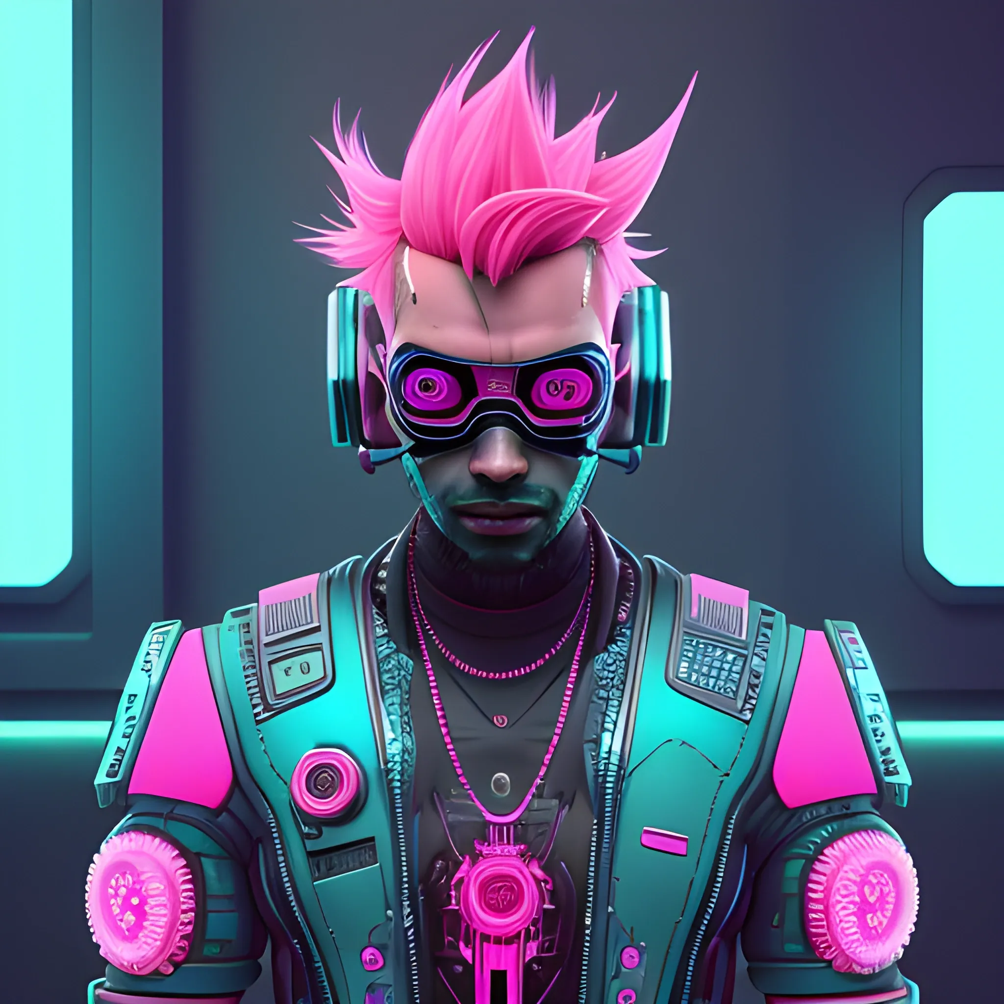 3D, Sci-Fi, Hip-hop, Urban, pink and cyan colored, circular male cyberpunk avatar, high-definition, realistic, intricate wavelength detailing, embossed circular frame, 