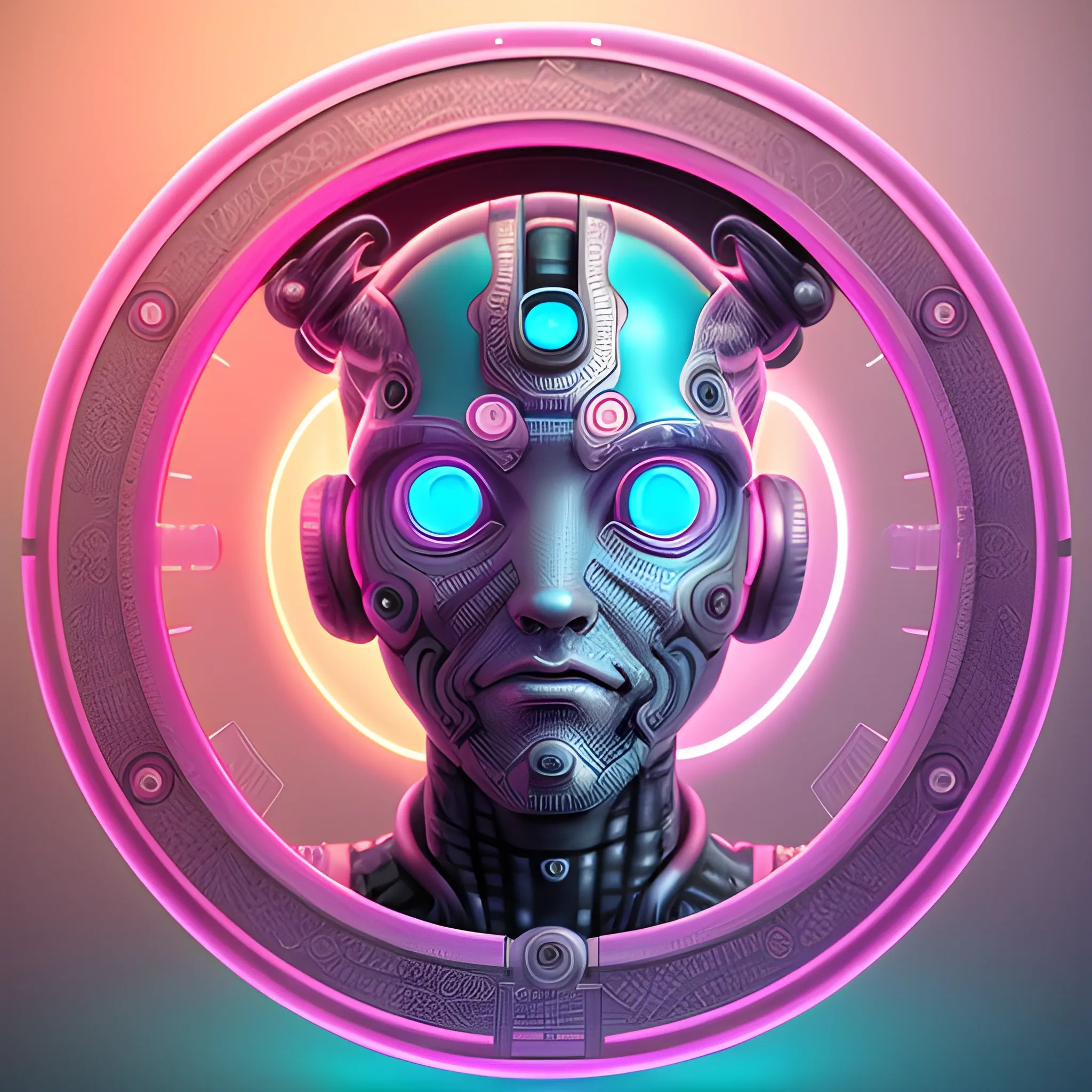  high-definition, realistic, intricate wavelength detailing, embossed circular frame, 3D, Sci-Fi, Hip-hop, Urban, pink and cyan colored, circular male cybernetic avatar, glowing eyes