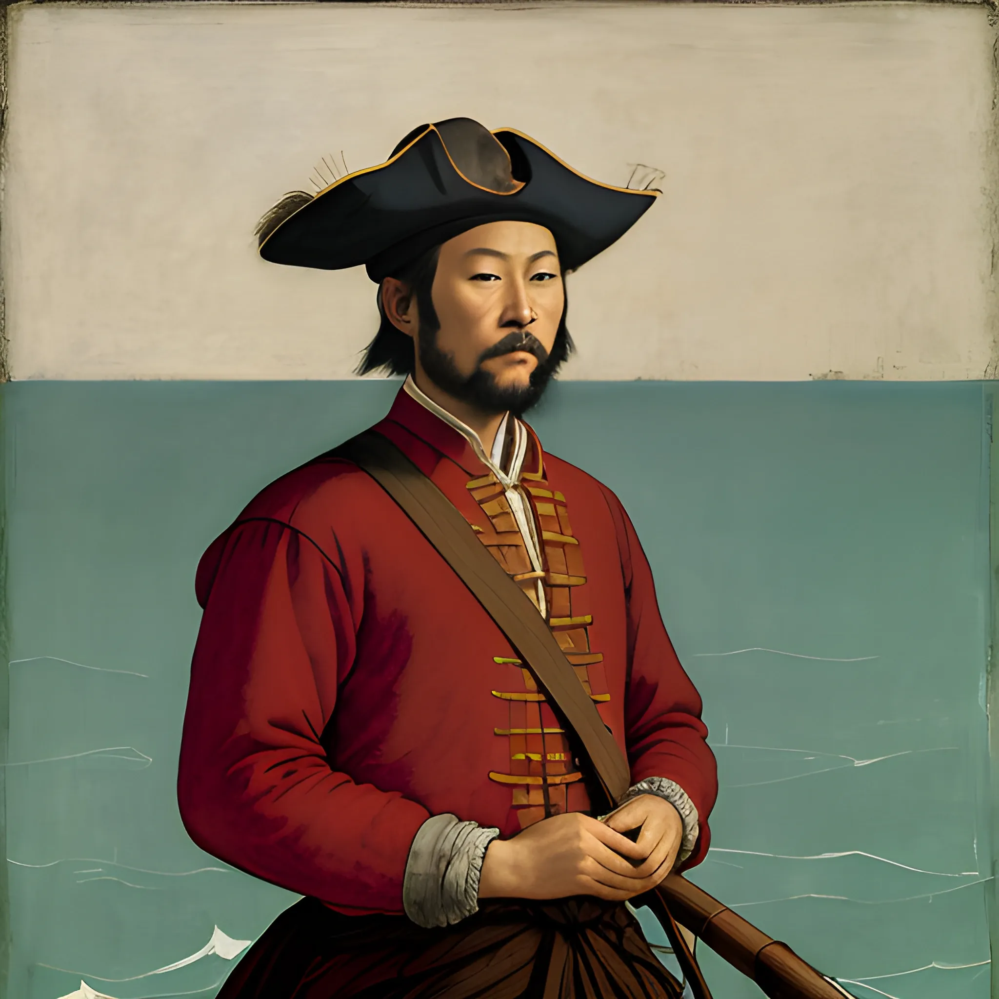 chinese pirate profile picture, asian straw hat, man, no beard, no frame, no captain, pirate, pirate ship, extreme quality, forest, roaring, magic, art by Piero Della Francesca, art by Francis Bacon, art by Mark Rothko, art by Caspar David Friedrich, Bokeh, trending on ArtStation, Super-Resolution, abstract, art by Tommaso Masaccio, art by Andy Warhol, art by Sandro Botticelli, art by Gustave Courbet, art by Winslow Homer